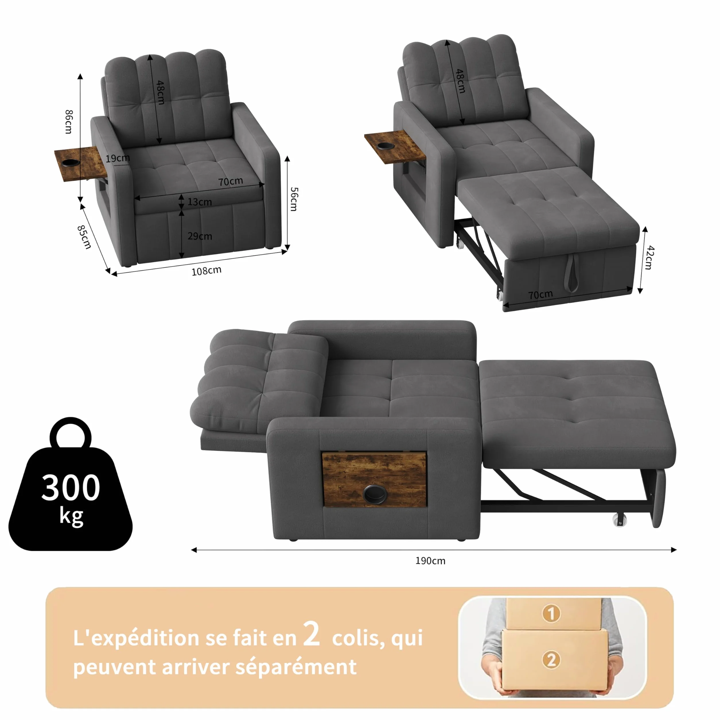 Fotel do spania 3 w 1 z funkcją łóżka, rozkładana sofa ze składanymi stolikami do herbaty, pojedyncza sofa do spania, rozkładane krzesło, regulowany pojedynczy fotel z poduszkami, powierzchnia