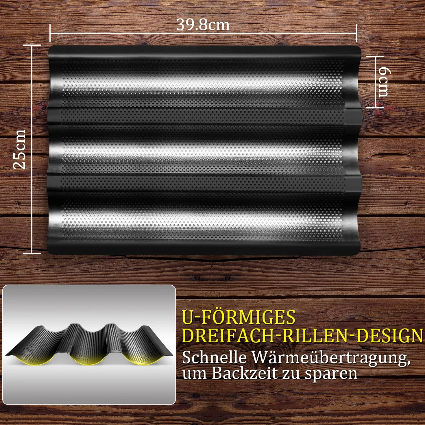 Hotec Forma do pieczenia 3 bagietek z powłoką zapobiegającą przywieraniu, idealna jako forma do bagietek, akcesoria do pieczenia chleba, blacha do pieczenia bagietek (38 x 24,5 cm), czarna