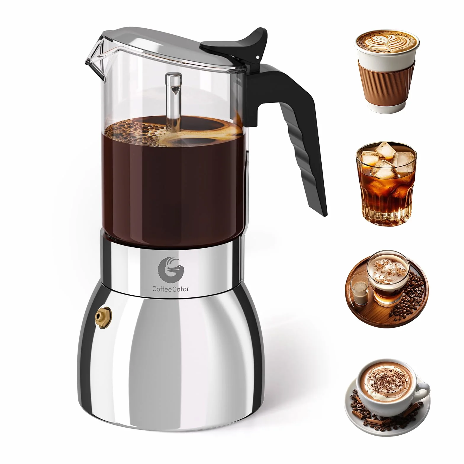 Coffee Gator 9 filiżanek Moka Pot, 450 ml kuchenka ekspres do kawy włoskiej, przezroczyste szkło i konstrukcja ze stali nierdzewnej, srebrny