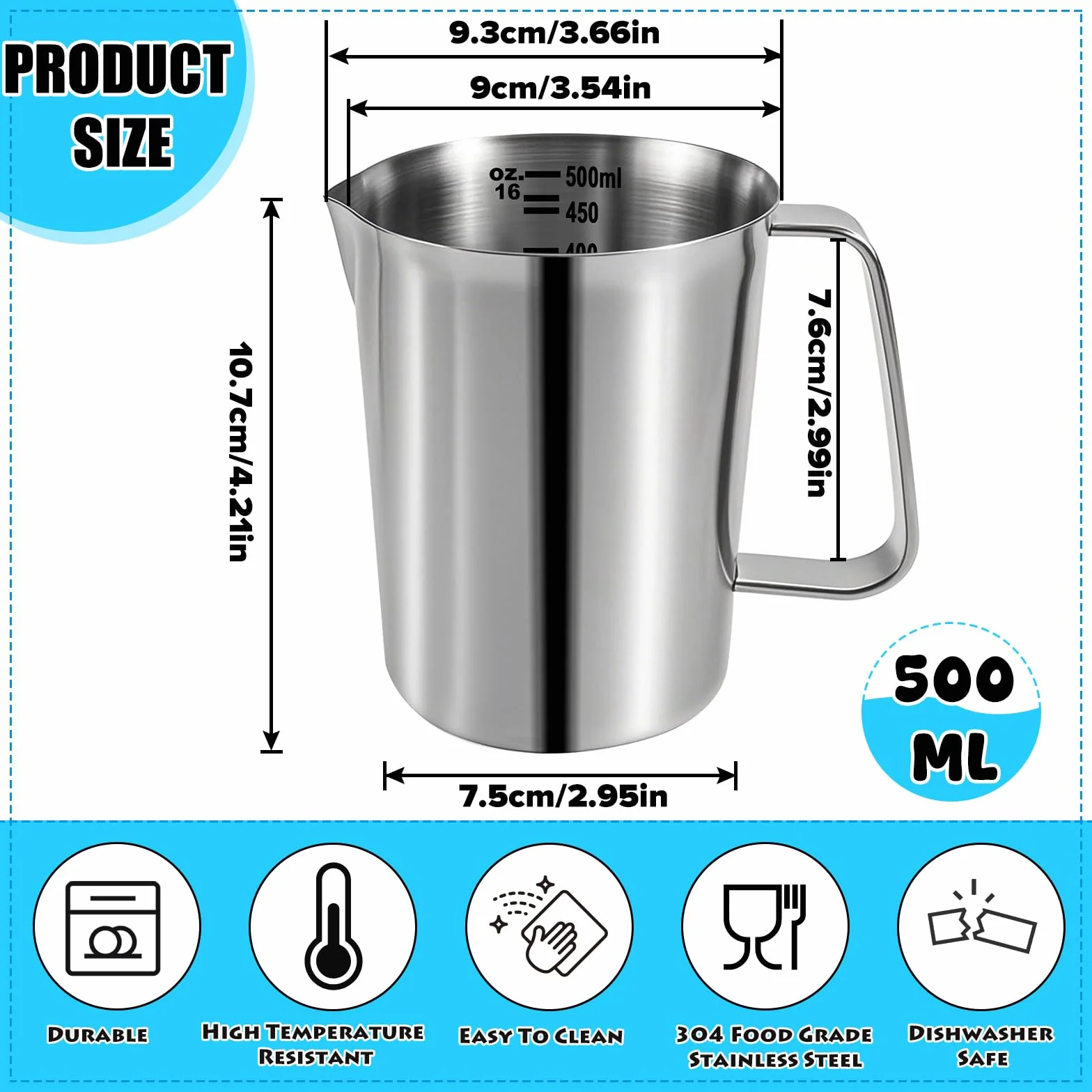 Miarka 0,5 l, metalowa miarka z uchwytem, ze skalą uncji i ml, stal nierdzewna 304, do dzbanków na mleko, do kawy, wiadra na lód, nadaje się do mycia w zmywarce, kolor srebrny (500 ml)