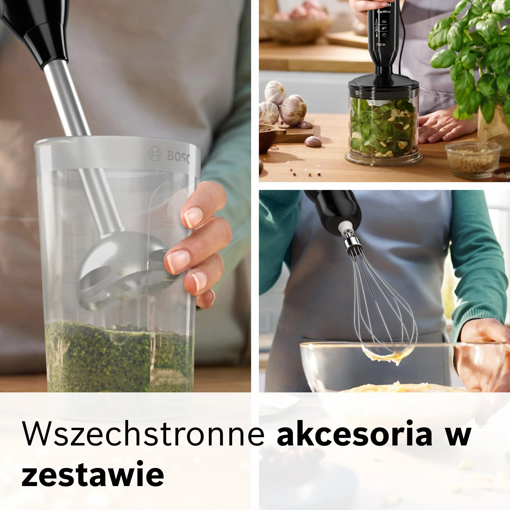 Bosch, blender ręczny, ErgoMixx, silnik 750 W, 12 prędkości i funkcja turbo, rozdrabniacz, trzepaczka i pojemnik, czarny, MSM67160