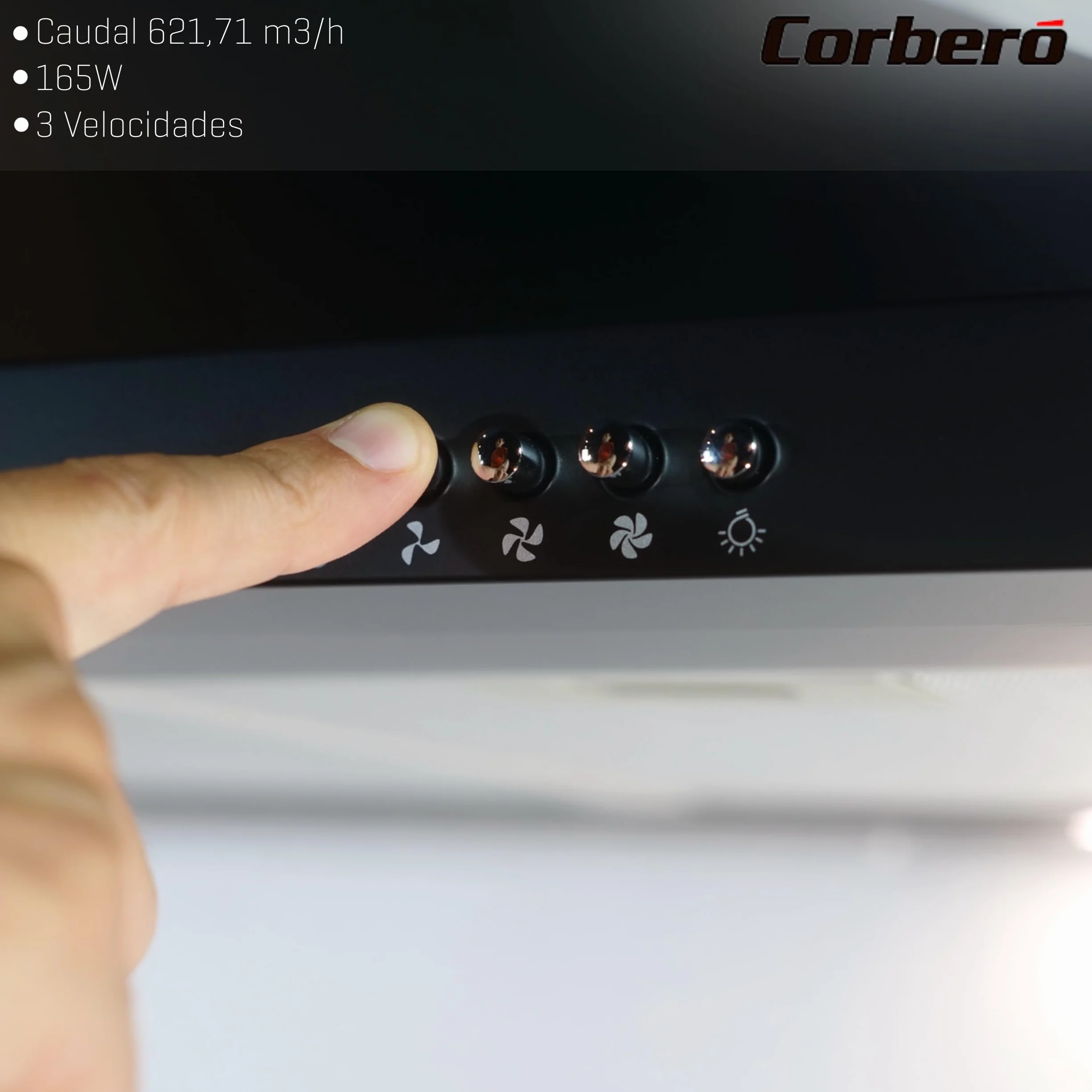 Corberó - dekoracyjny dzwonek piramidowy | 70 cm | KURAMATHI760B | Przepływ 621,71 m3/h | 165W | 3 prędkości | 2 filtry aluminiowe | filtr węglowy | efektywność energetyczna A, czarny