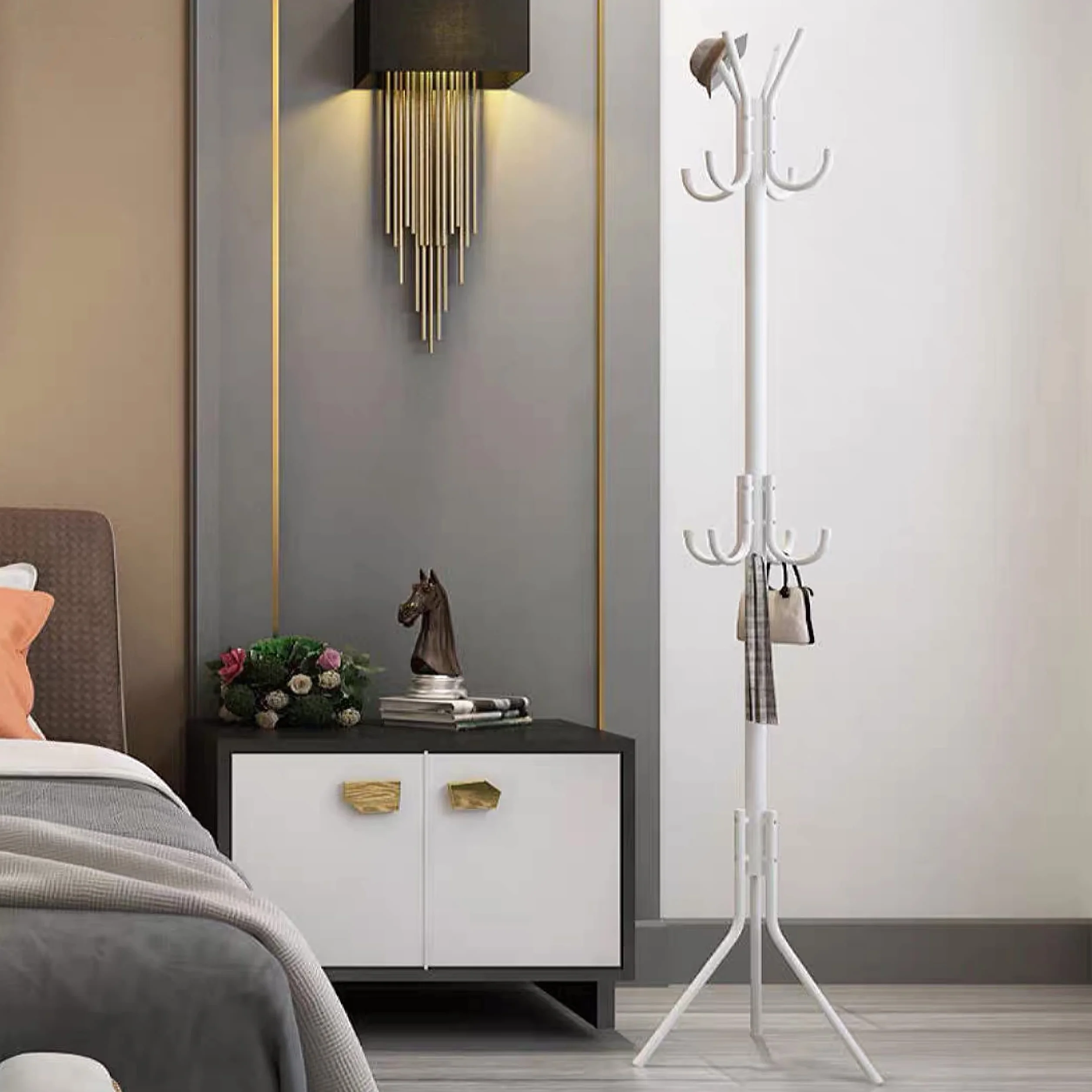 Wieszak stojący z 12 haczykami, designerski stojak na ubrania z podłogą, na ubrania, torby, szale, korytarz, wejście, biały