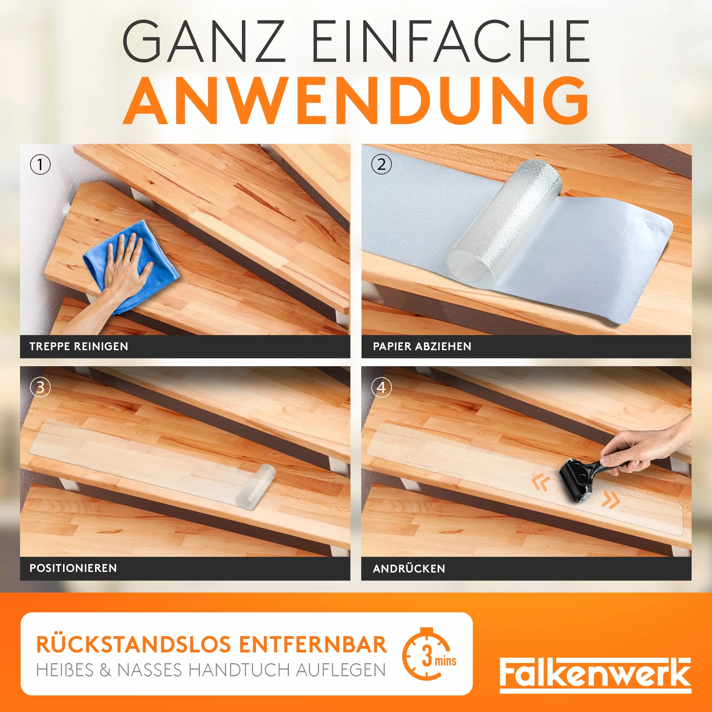 FALKENWERK Paski antypoślizgowe do schodów [20 sztuk] – samoprzylepne i przezroczyste paski antypoślizgowe (12 x 75 cm) – wodoodporne antypoślizgowe schody – ochrona przed poślizgiem na schodach z wałkiem szpachlowym