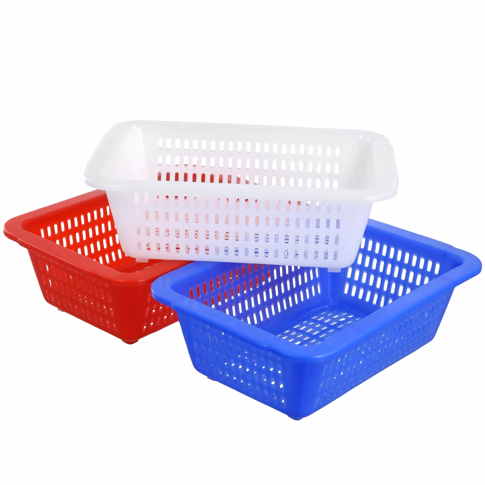 FUNSUEI 24 plastikowe koszyki do przechowywania, ma?e kosze do przechowywania, kolorowe, 3 kolory, tworzywo sztuczne, do przechowywania, do organizacji, kolor niebieski, czerwony, bia?y, 23 x 16 x 7