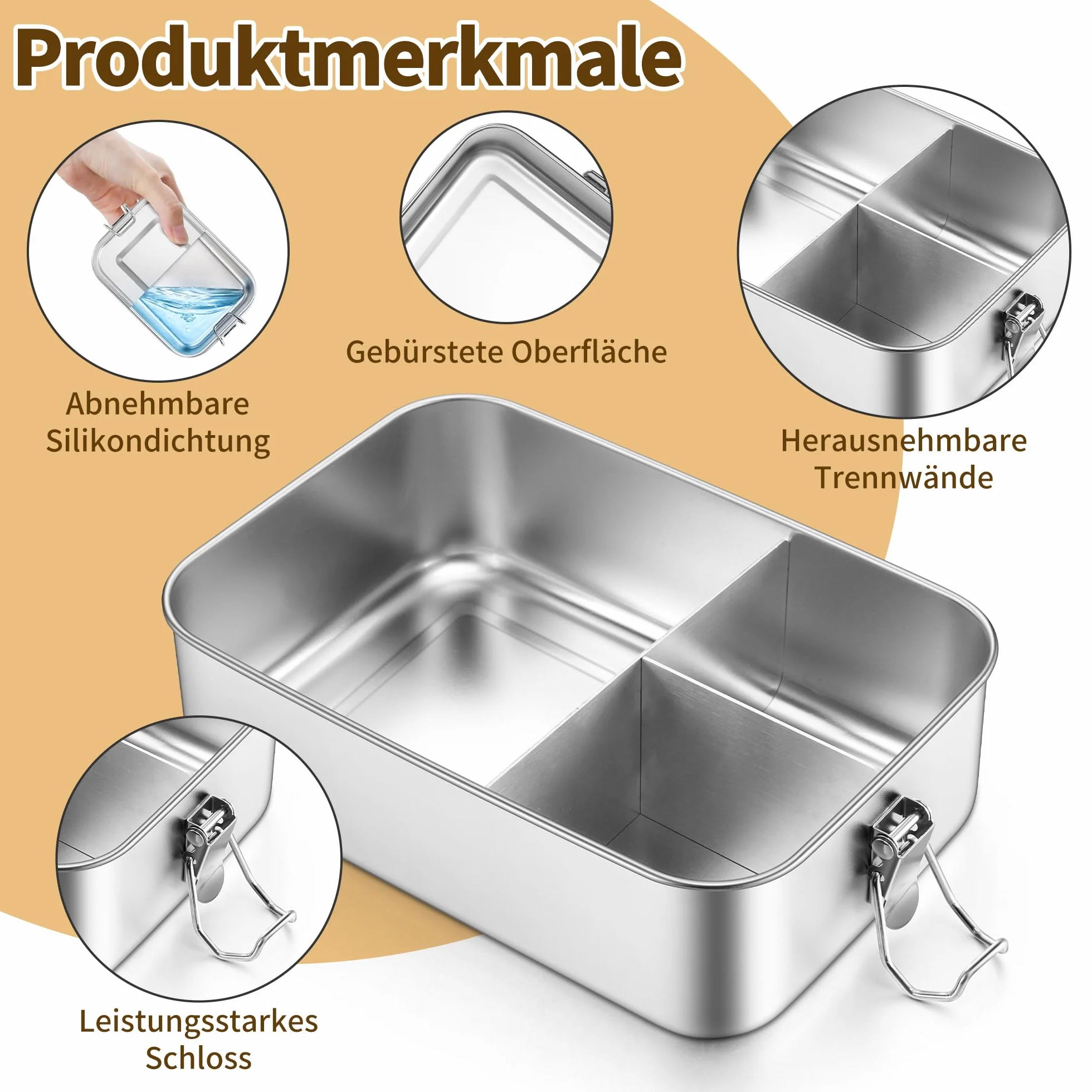 Joyfair Pudełko śniadaniowe z przegródkami, stal nierdzewna z 3 przegródkami, metalowe pudełko na lunch z szczelnym pojemnikiem na sosy, na kemping, piknik, podróż i pracę, nadaje się do mycia w