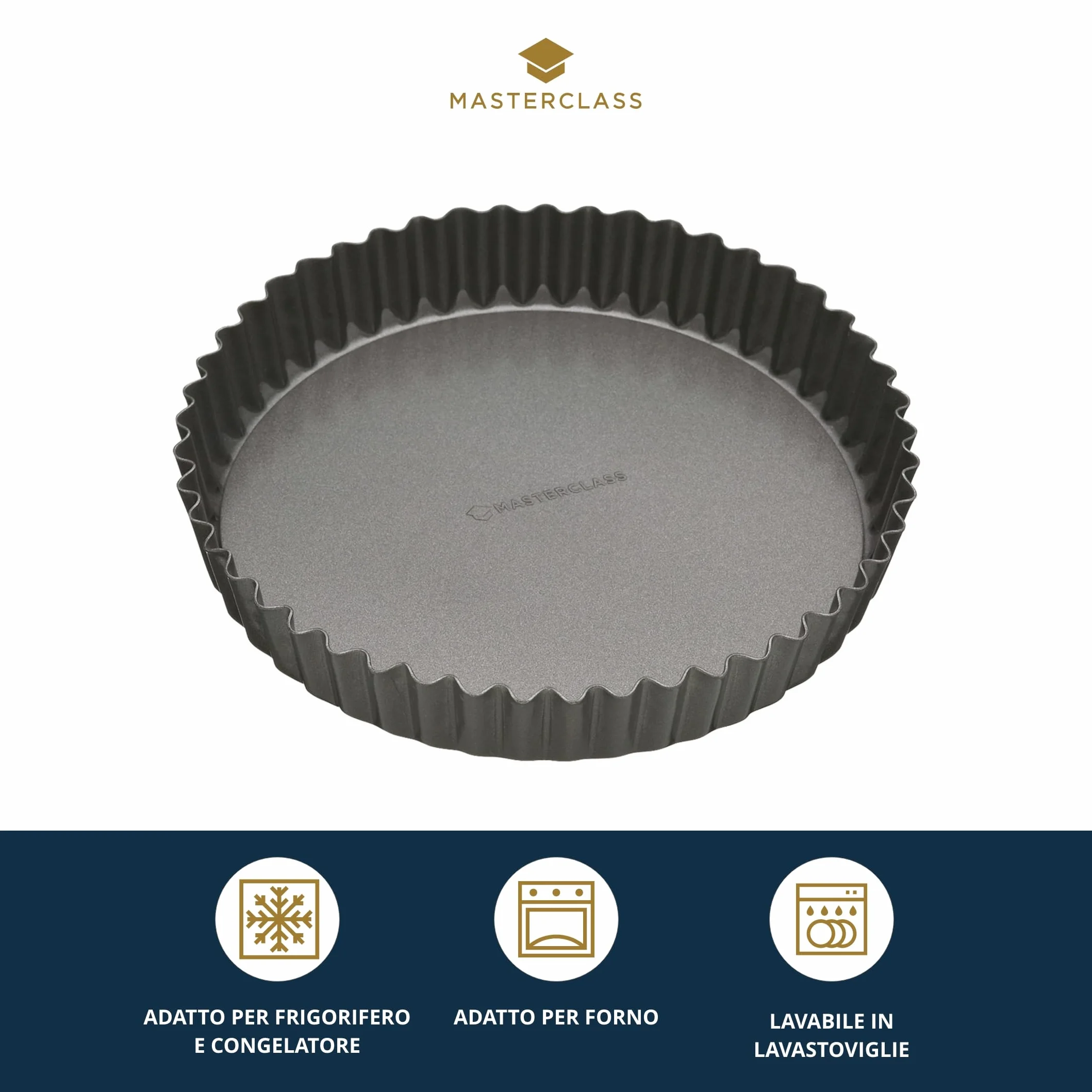 MasterClass Nieprzywierająca forma do tart i quiche z powłoką nieprzywierającą bez PTFE, PFOA i BPA, solidna stal węglowa o grubości 1 mm, karbowana stal węglowa, okrągła 23 cm (9''), z rękawem