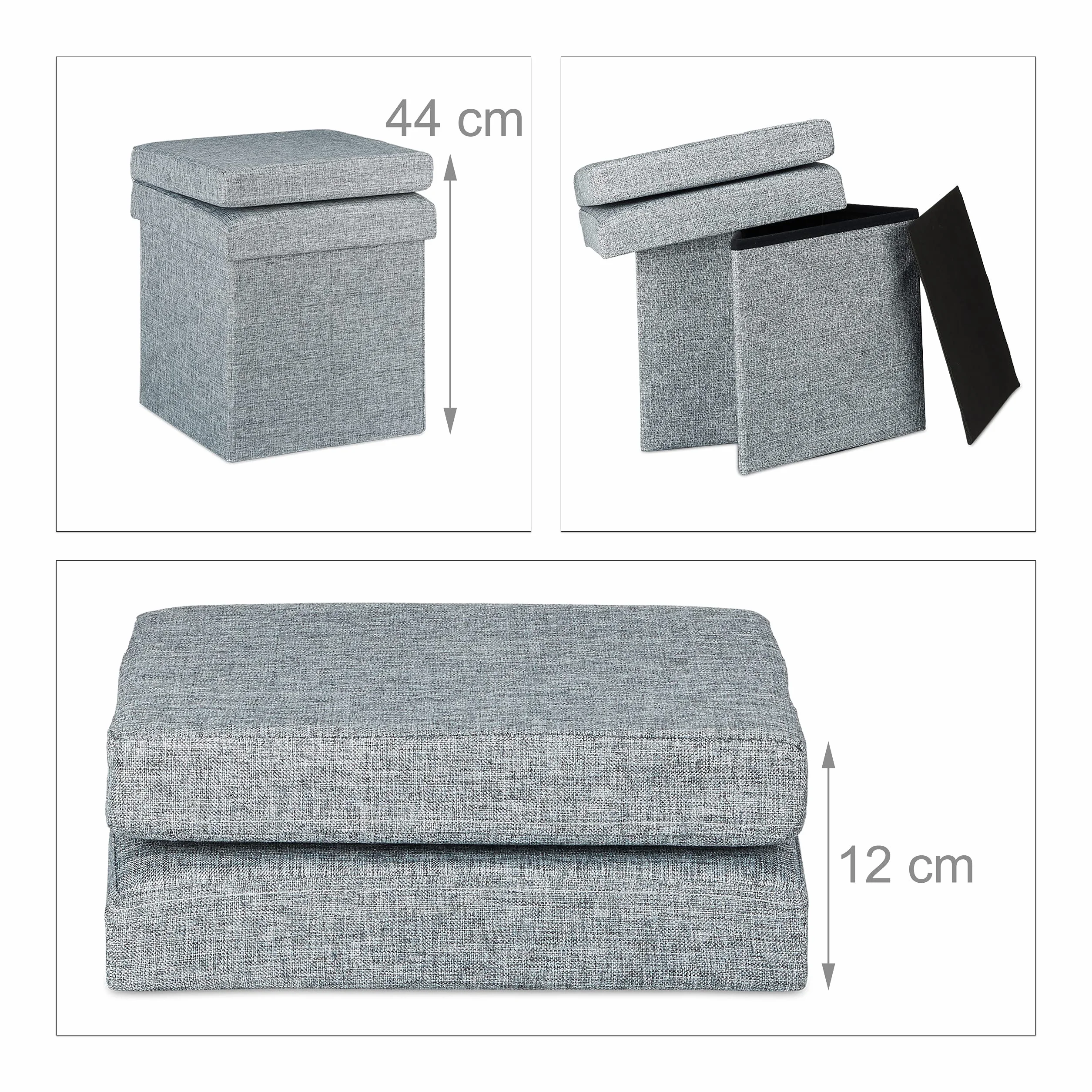 Relaxdays Lniany składany taboret do przechowywania ze stabilnym oparciem bagażnika pufa wys. x szer. x gł.: 73 x 38 x 38 cm zdejmowana pokrywa podnóżek puszka w kształcie kostki do przechowywania