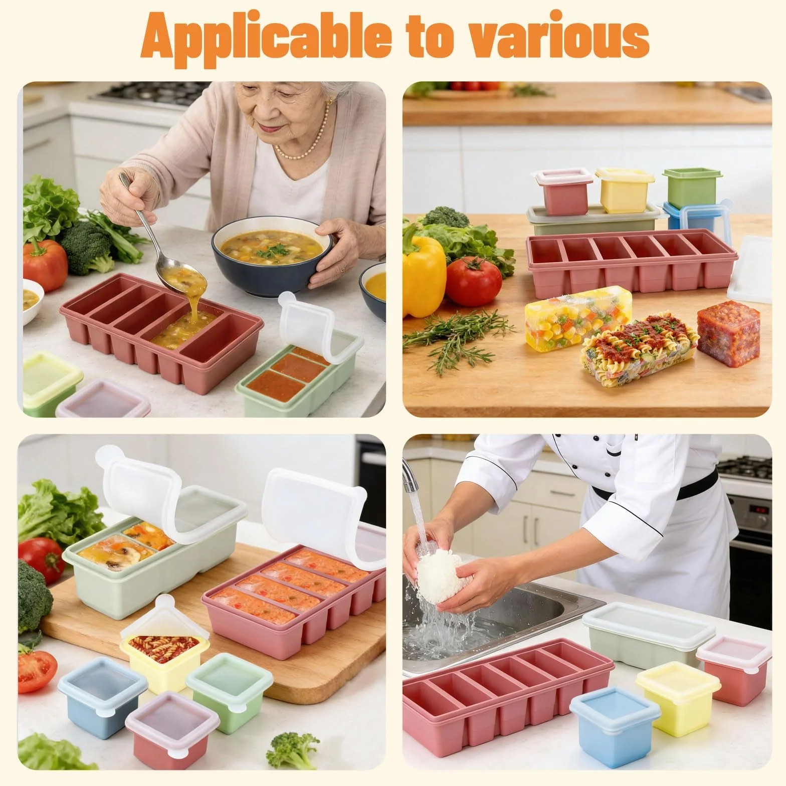Silikon Ice Cube Tray z zestawem pokrywek, 6 sztuk – 4 x 125 ml pojedyncze porcje, 3 × 125 ml wielozadaniowy i 6 x 100 ml pojemniki do zamrażania, bez BPA pojemnik do przechowywania Z