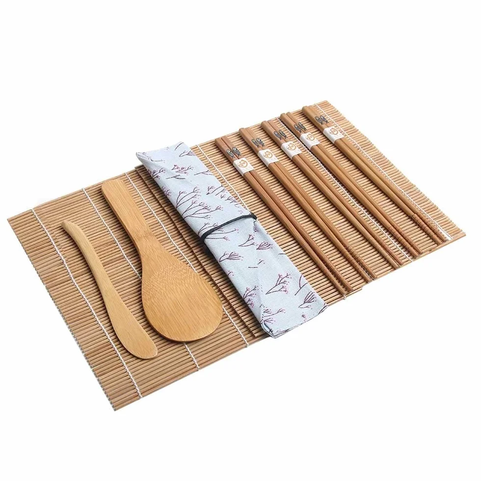 Zestaw do sushi dla początkujących – 10 części: 2 maty, solniczka do ryżu, wiosło Paddy, 5 pałeczek, worek do pakowania – DIY Sushi Maker