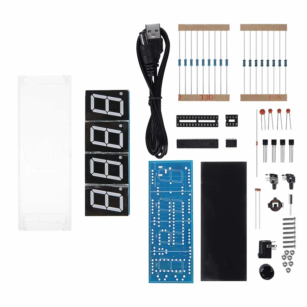 4-cyfrowy zestaw DIY LED z zegarem cyfrowym, zegar LED z wyświetlaczem czasu / temperatury / daty, automatyczna kontrola światła, prosty zestaw zegara cyfrowego dla początkujących i profesjonalistów w dziedzinie elektroniki (biały)
