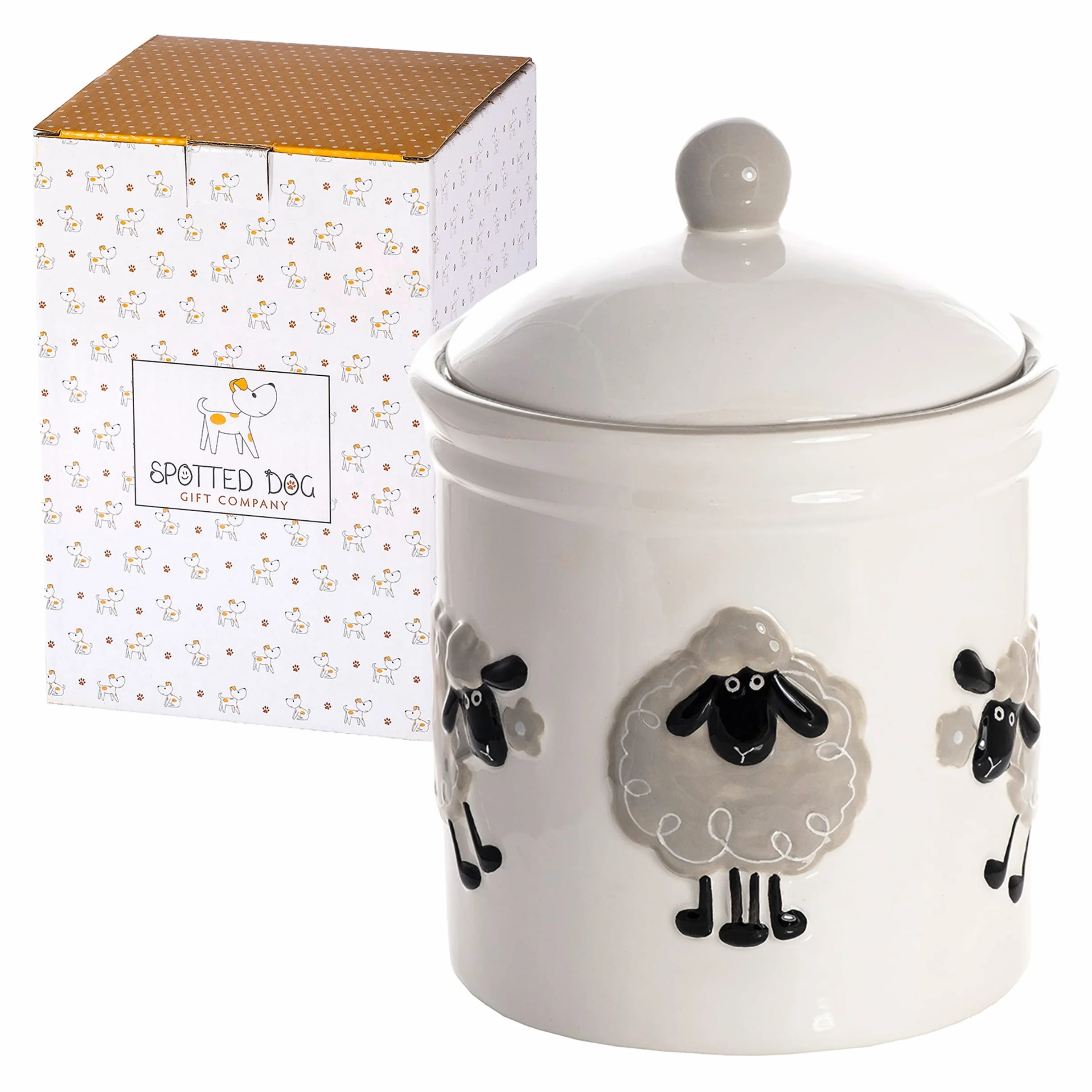 Ceramic Storage Jar with Lid for Kitchen Animal Themed Sheep Gifts for Women (White Jar)