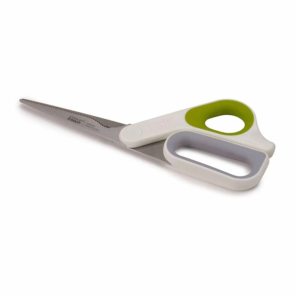 Joseph Joseph PowerGrip - wielofunkcyjne nożyczki kuchenne Durable z uchwytem na kciuk, ostrza ze stali nierdzewnej, ząbkowana krawędź, do mięsa, drobiu, pizzy, ziół - biały/zielony