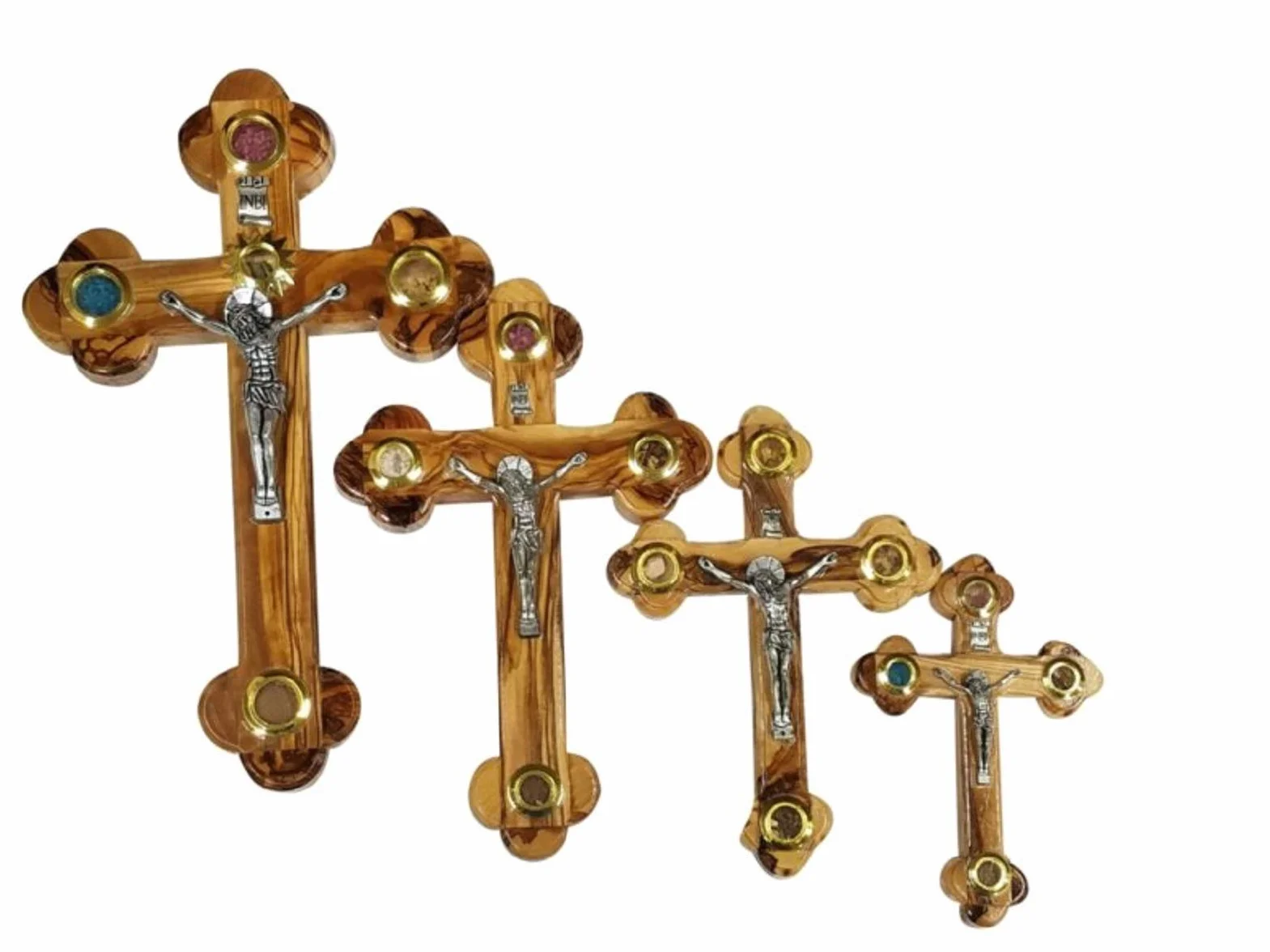 Krzyżowy krzyż prawosławny 14 stacji 4 esencje obiektywowe drewno oliwkowe od Bethlehem Gifts TM (18 cm)