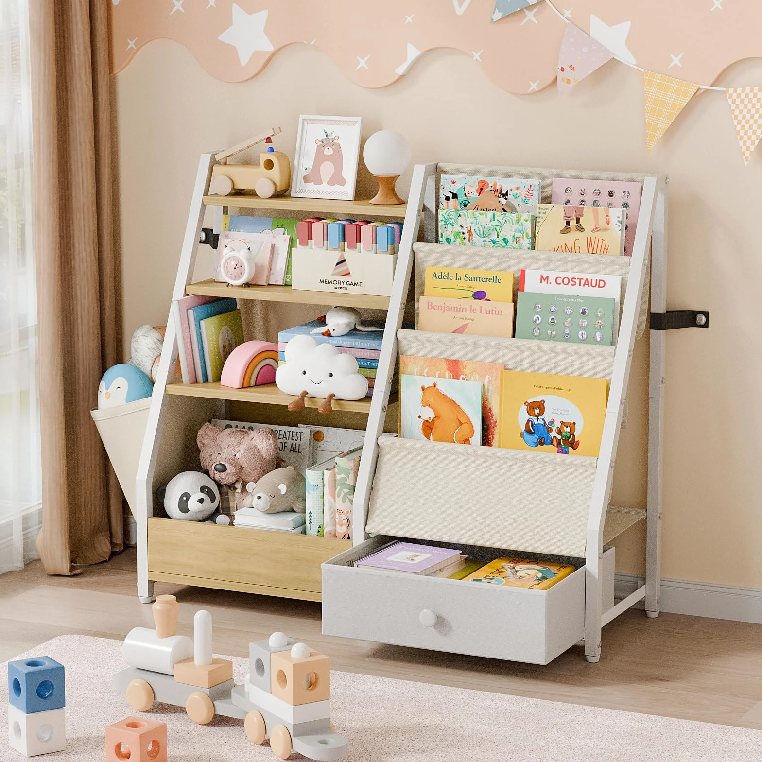 HAVLOTII Regał na książki dla dzieci i przechowywanie zabawek – półka na książki do pokoju dziecięcego, organizer na zabawki Montessori, Burlywood
