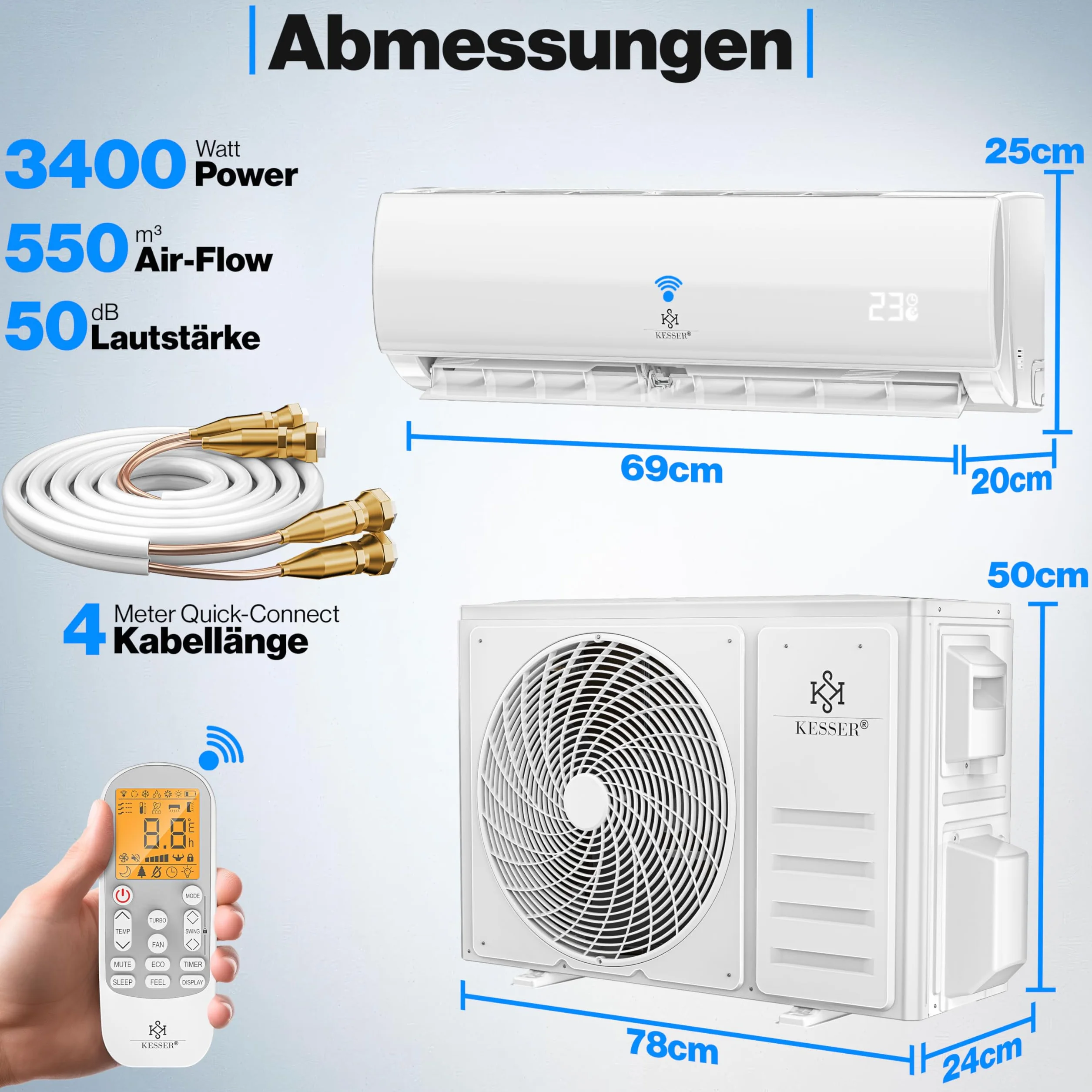 KESSER® Klimatyzator Split 12000 BTU – inteligentny klimatyzator, tryb ogrzewania i chłodzenia, klimatyzator ścienny z funkcją Wi-Fi/aplikacji, duża wydajność chłodzenia, osuszacz powietrza i
