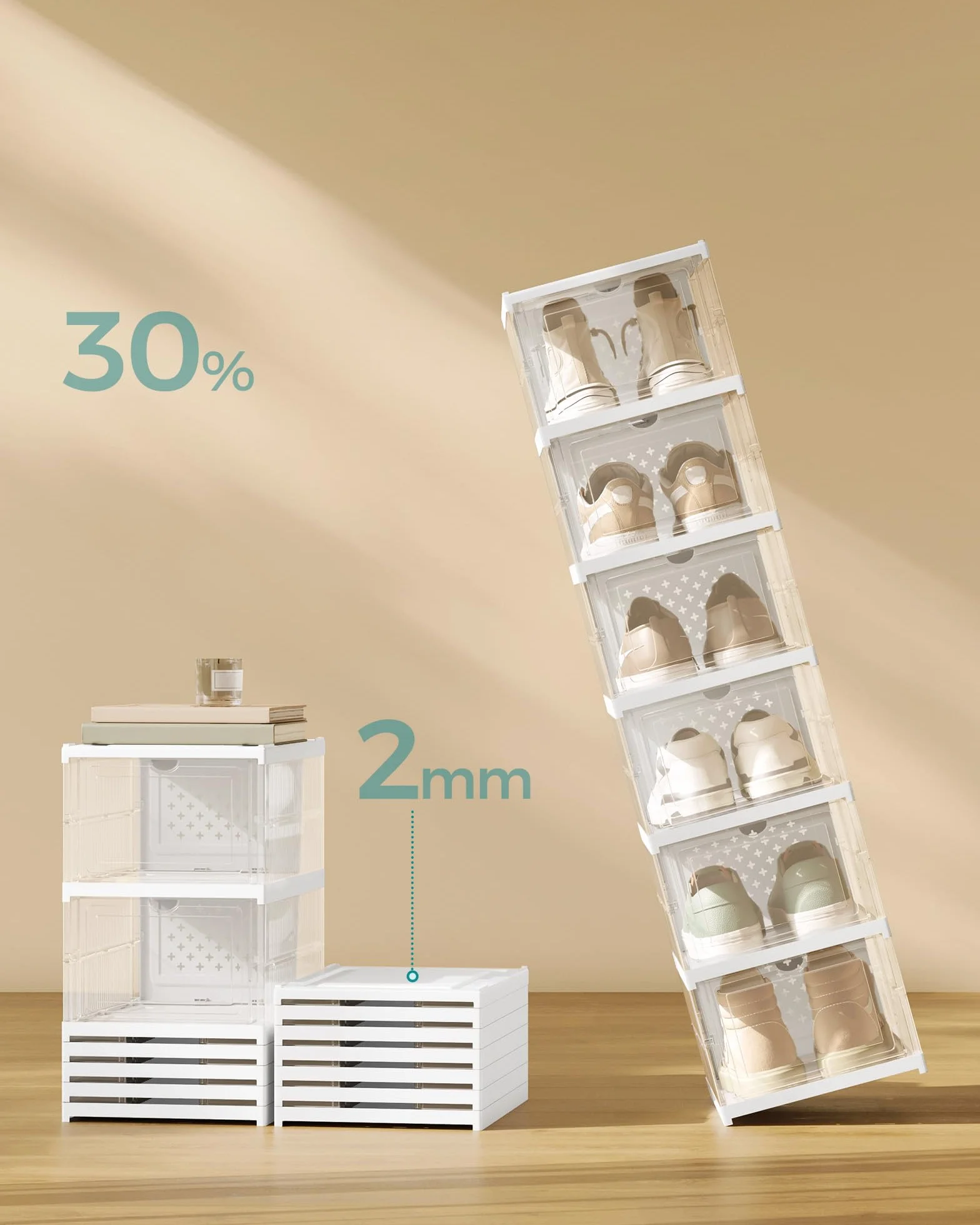 SONGMICS Szafka na buty z 6 pudełkami na buty, zintegrowany organizer na buty, składana, przenośna, na buty do rozmiaru 46, montaż w 1 minutę, przezroczysta chmura biała LSP205W01