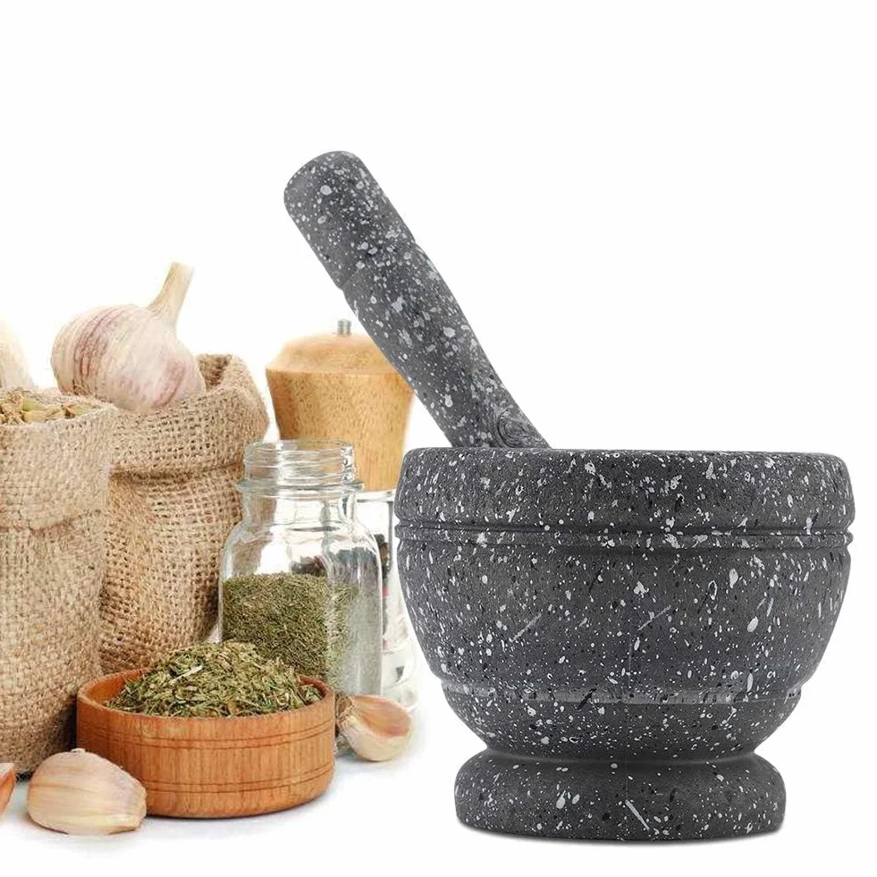 Moździerz i tłuczek, miska do mielenia z młotkiem prętowym, sos tłuczek do czosnku młynek ręczny kruszarka gadżety kuchenne przyprawy do przypraw(Black Granite Grain)