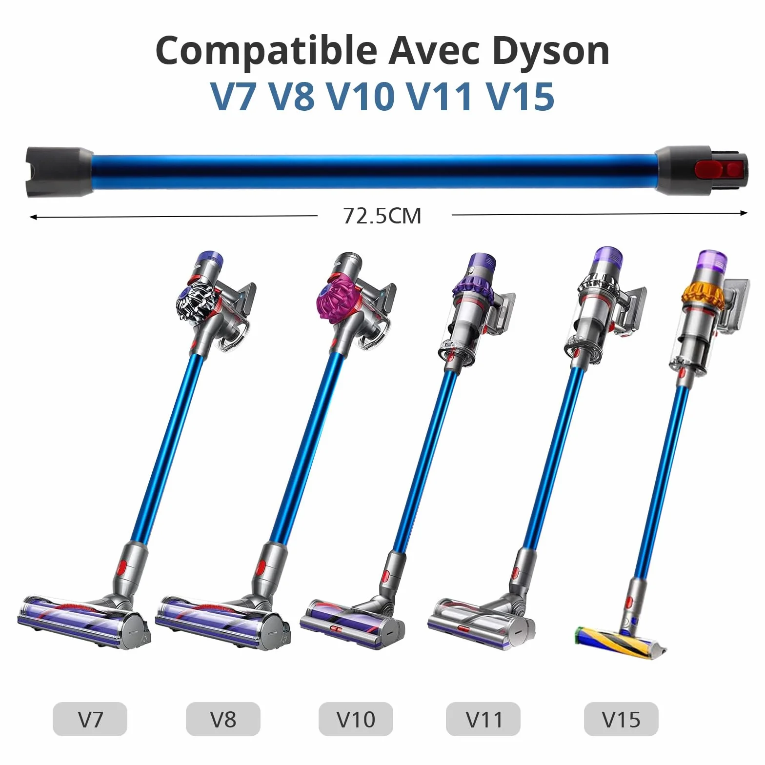 Rura teleskopowa do Dyson - rura przedłużająca kompatybilna z Dyson V7, V8, V10, V11, V15, długość 73 cm, szybkie zwalnianie, sztywne przedłużenie drążka z dwiema małymi szczotkami 2 w 1, niebieska