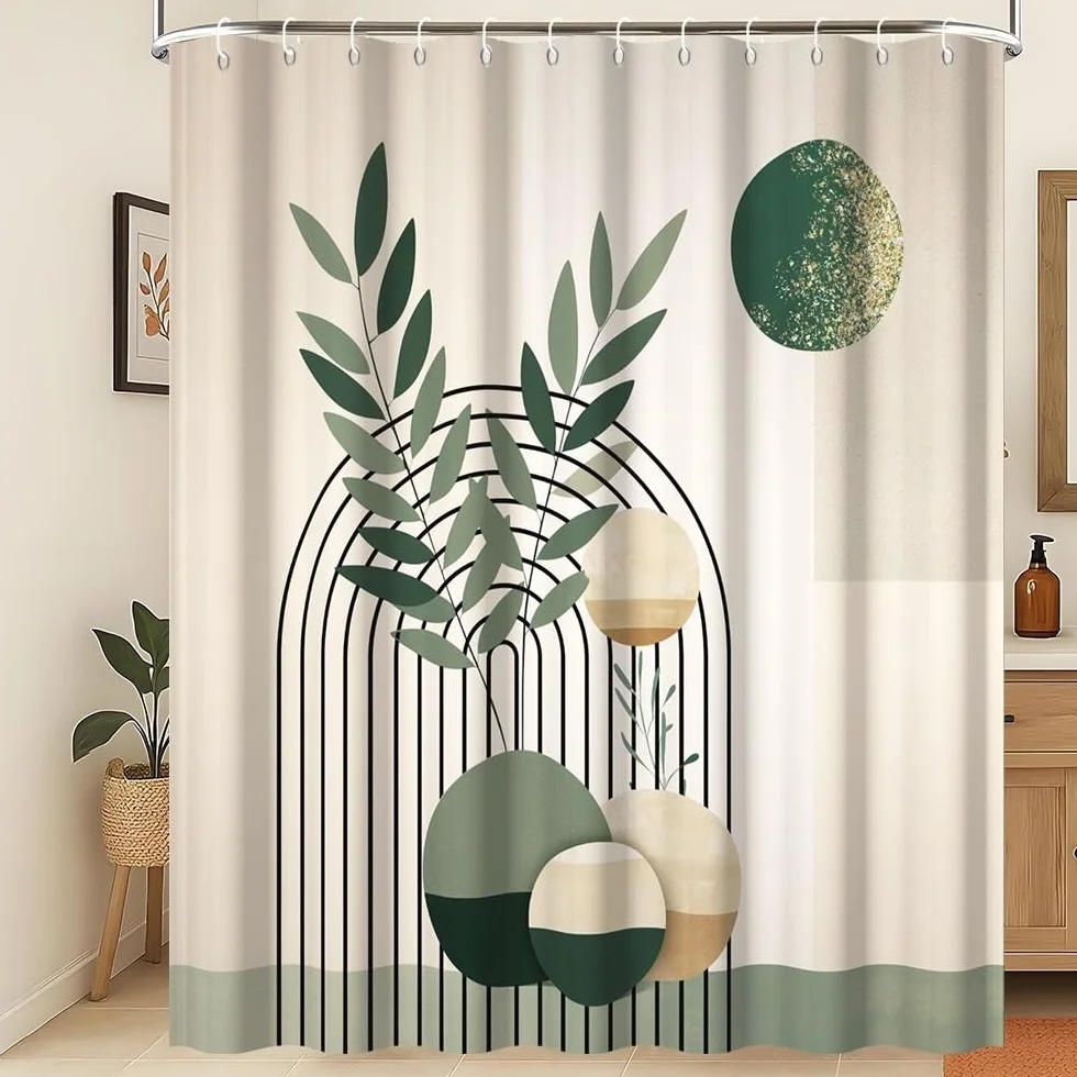Boho zasłona prysznicowa zielone liście szałwii w stylu mid-century zasłona łazienkowa minimalistyczna geometryczna estetyczna roślina złote kropki odporna na pleśń i grzyb nadająca się do
