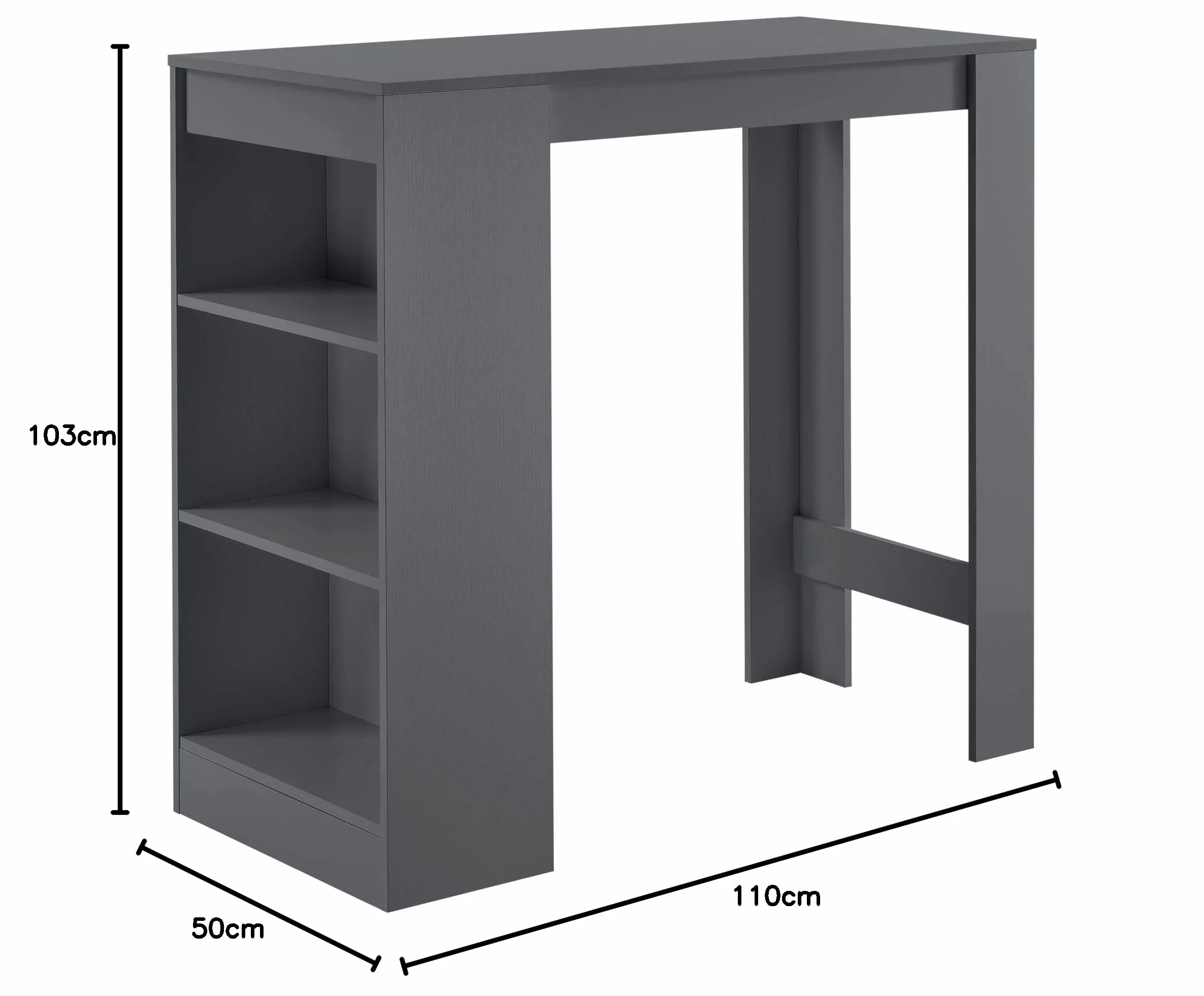 [en.casa] Stół barowy z wbudowanymi półkami, stół do jadalni, 110 x 50 x 103 cm, stolik barowy z 3 półkami, stolik barowy z 3 półkami, blat kuchenny, ciemnoszary