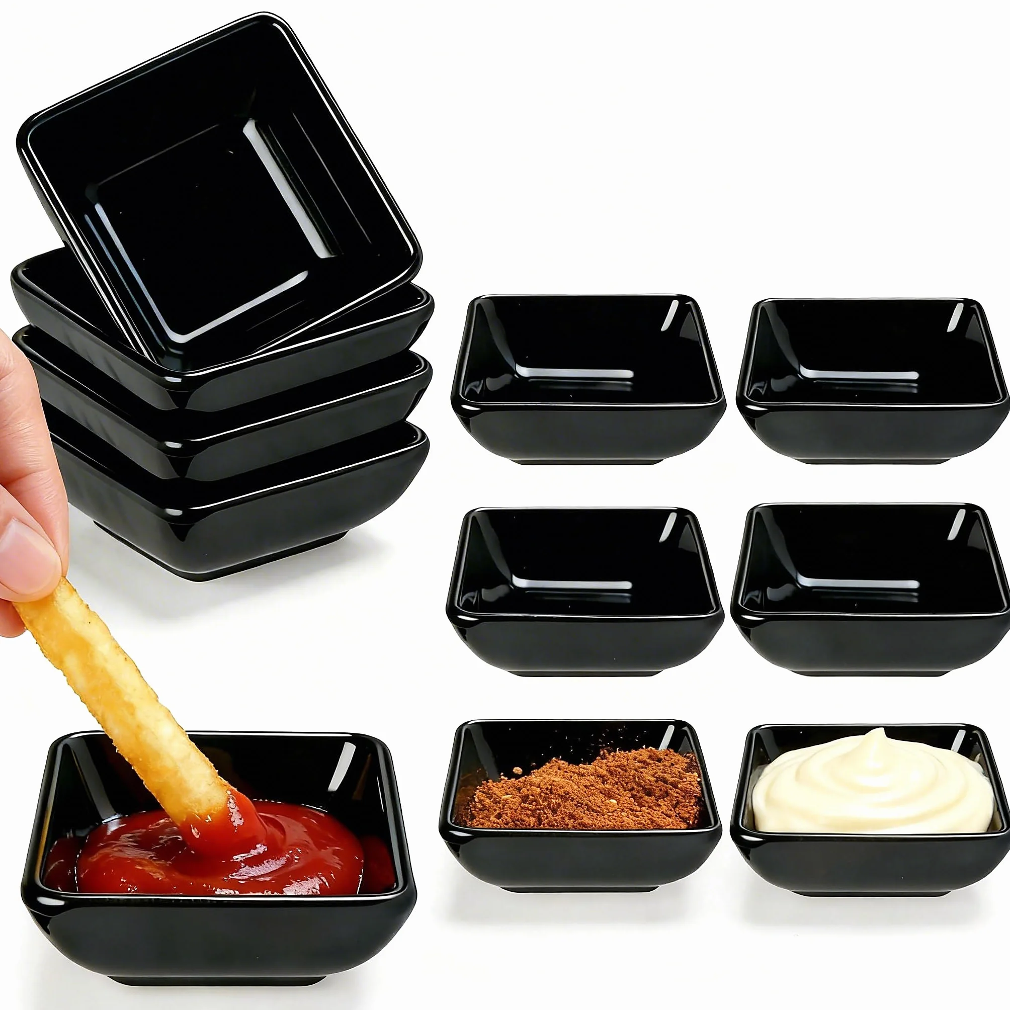 Zestaw 10 mini matowych czarnych misek kwadratowych 7,5x7,5x3 cm do sosu sojowego Sushi