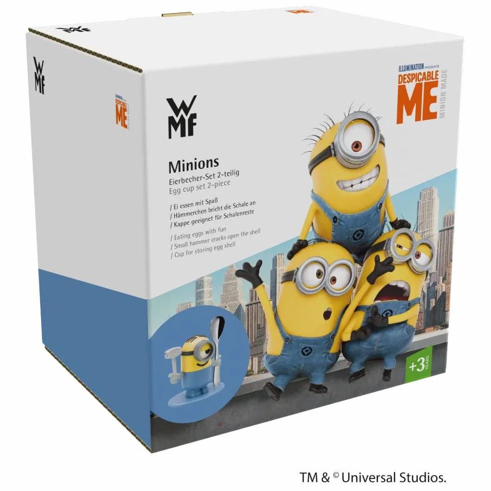 WMF Minionki kubek do jajek z łyżką plastikowy Cromargan polerowana stal nierdzewna nadaje się do mycia w zmywarce, żółty niebieski, bez grawerowania