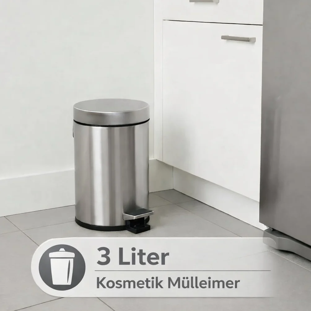 axentia Kosz na kosmetyki ze stali nierdzewnej z matową szczotką i nierdzewnym koszem na śmieci 3 l, kosz na śmieci z pokrywką, kosz na śmieci z pedałem, do łazienki i WC, srebrny/czarny, 17 x 17 x 25