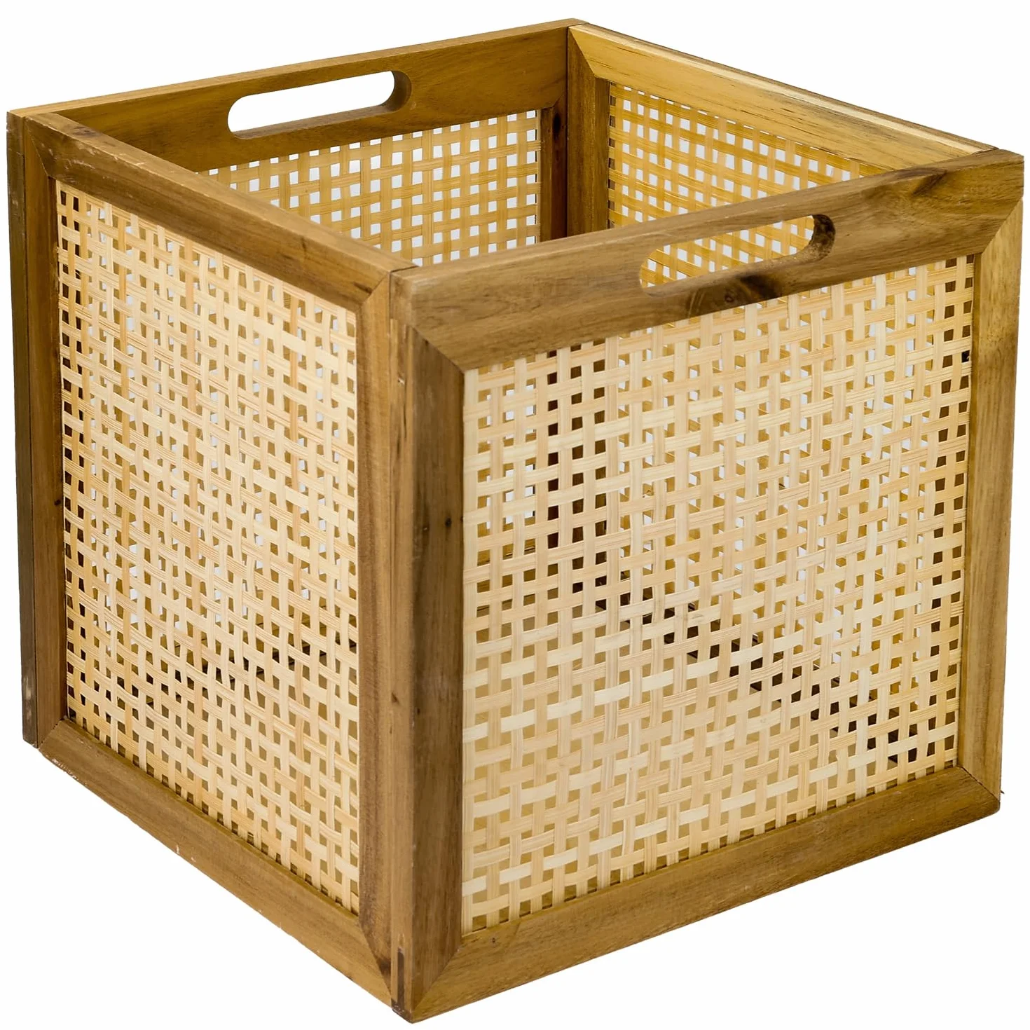 HMF Kosz do przechowywania pasujący do Kallax, rattan plecionka wiedeńska drewno akacjowe 32x34x32 cm