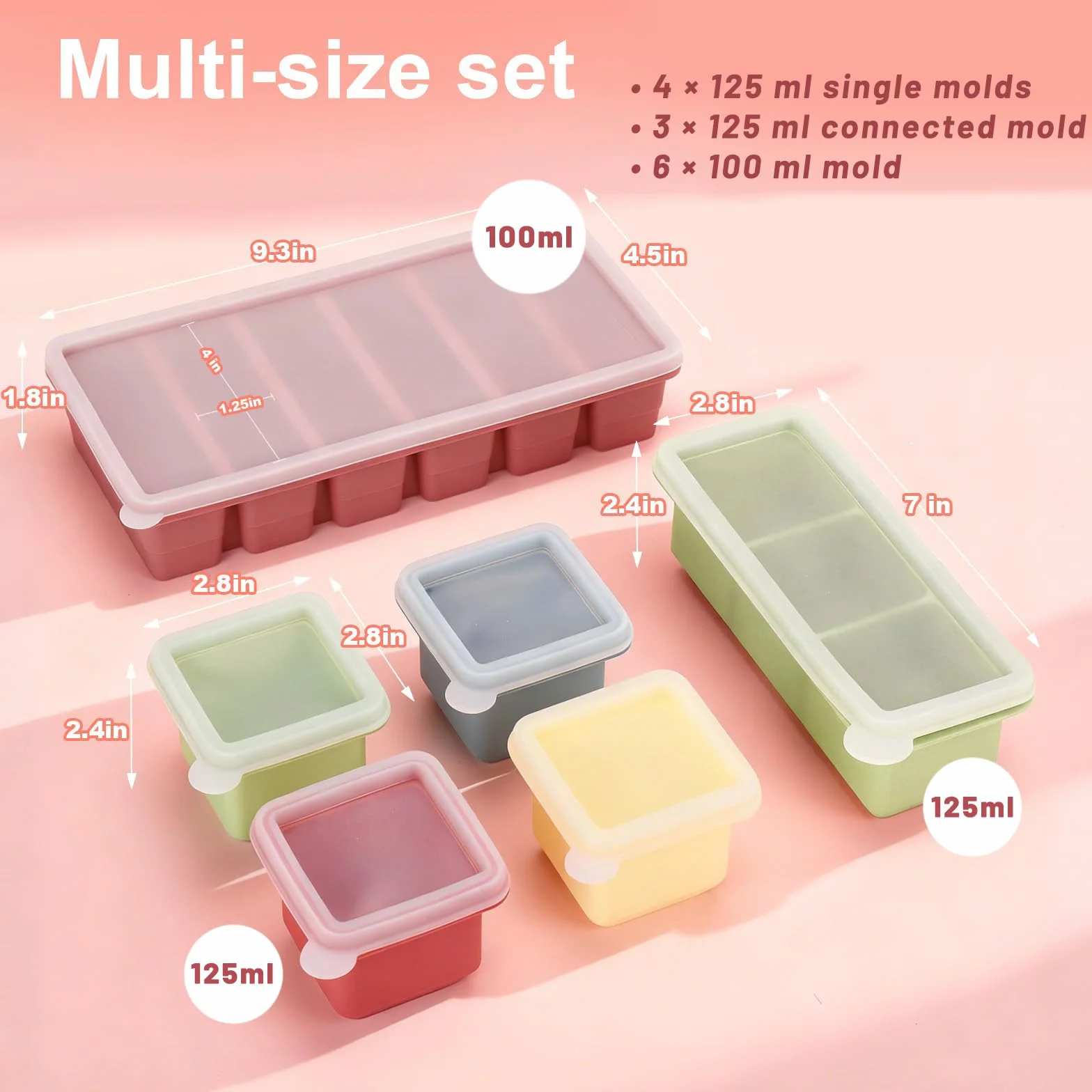 Silikon Ice Cube Tray z zestawem pokrywek, 6 sztuk – 4 x 125 ml pojedyncze porcje, 3 × 125 ml wielozadaniowy i 6 x 100 ml pojemniki do zamrażania, bez BPA pojemnik do przechowywania Z