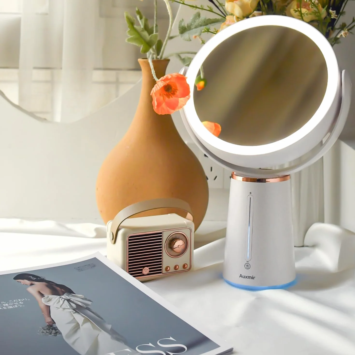 Auxmir Lusterko do makijażu ze światłami, dwustronne lusterko powiększające 10 x 1 x 2500 mAh, ładowane przez USB, z 52 diodami LED i 10 jasnością, obrotowe o 360°, do sypialni, łazienki