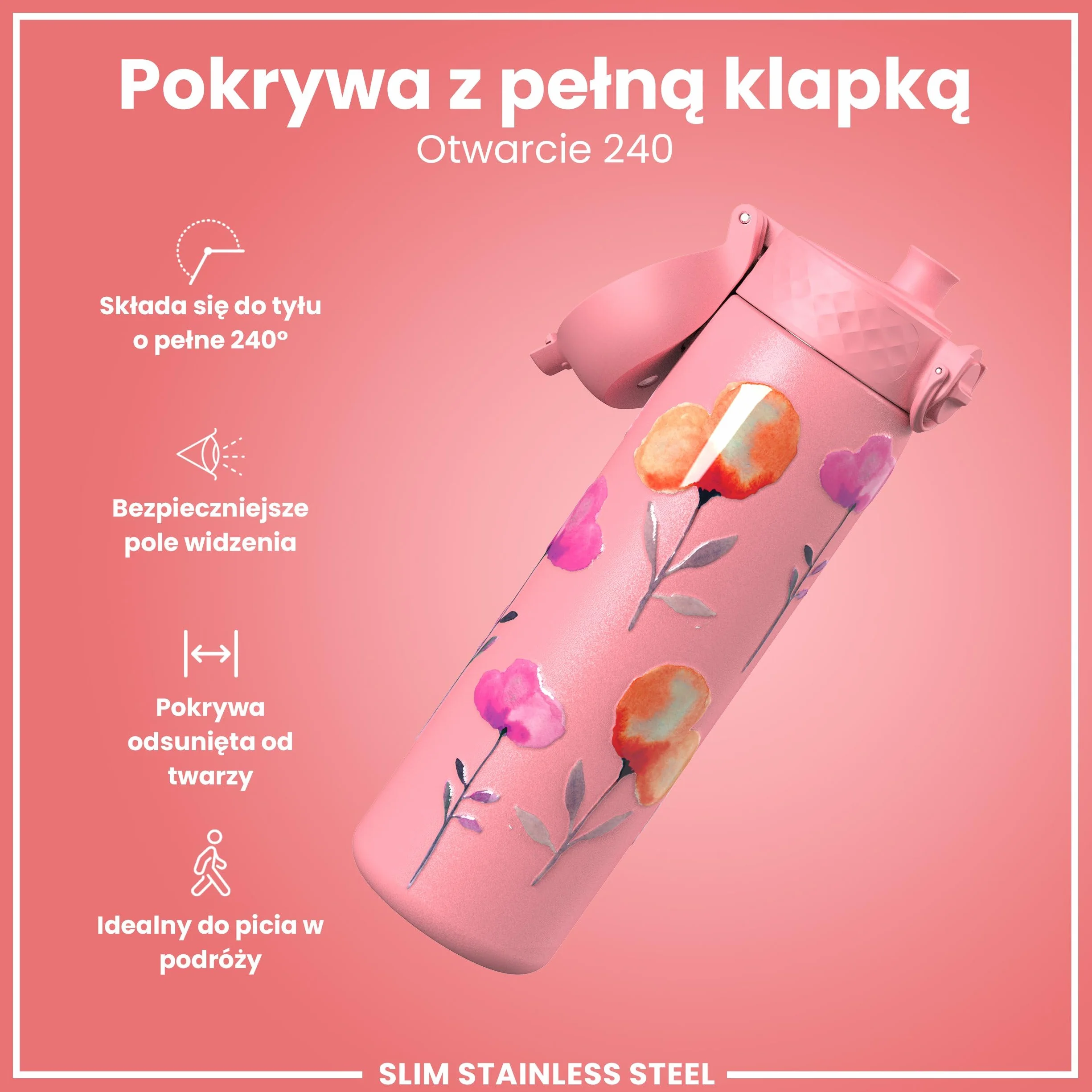 ION8 Butelka na Wodę ze Lekki Stali, 600 ml/20 oz, Nieocieplany, Szczelna, Łatwe Otwieranie, Bezpieczny Zamek, Można Myć w Zmywarce, Higieniczne Pokrycie, Składany Uchwyt, Kwiaty