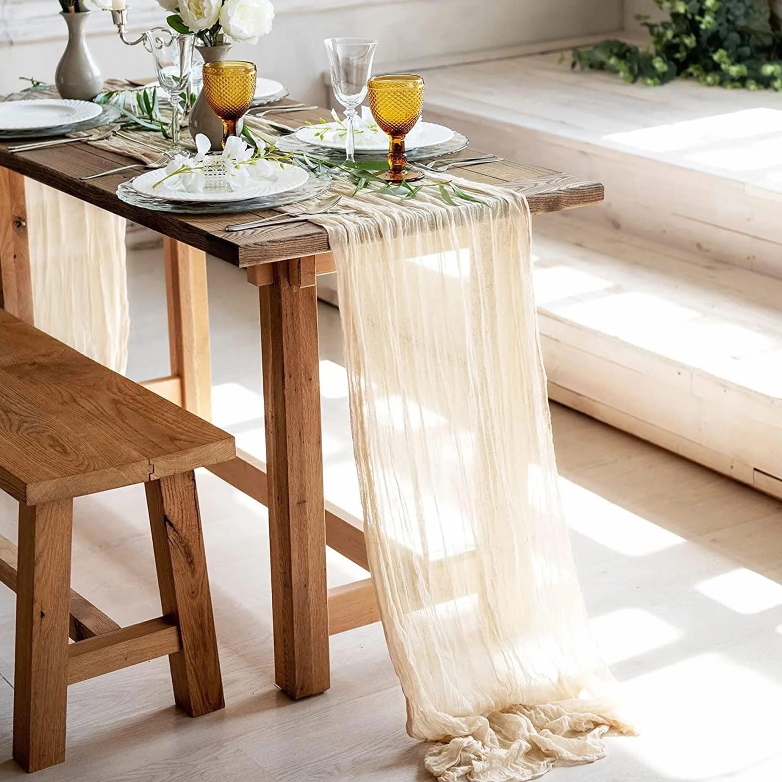 Bieżnik na stół, 4 sztuki, beżowy ręcznik serowy, bieżnik na stół, muślinowy materiał boho, rustykalny bieżnik na stół na wesele, urodziny, dekoracja 90 x 300 cm