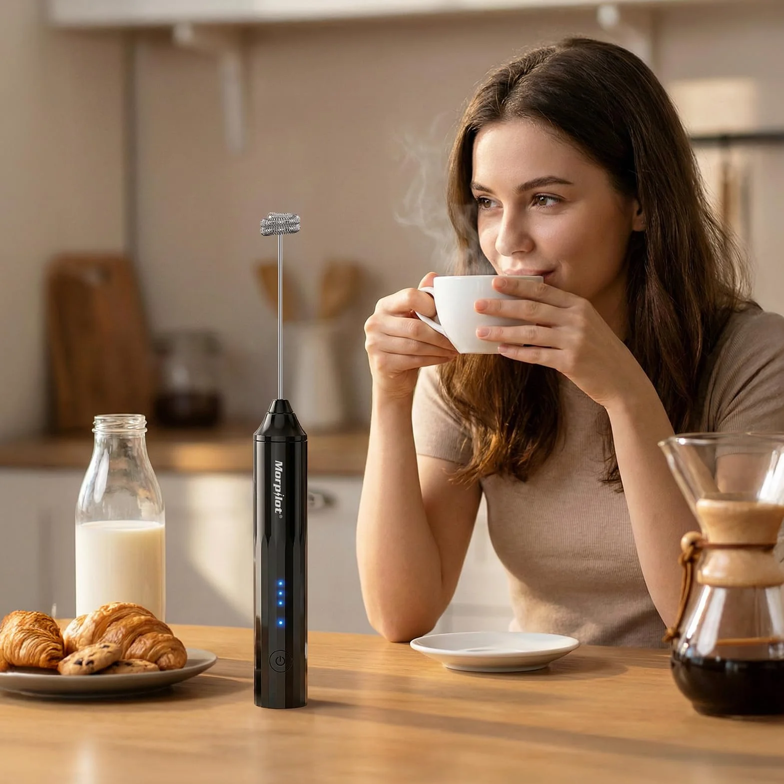 Morpilot Mleko Frother, akumulator elektryczny spieniacz do mleka, przenośny mini spieniacz, odłączany trzepaczka, do kawy, cappuccino, czarny