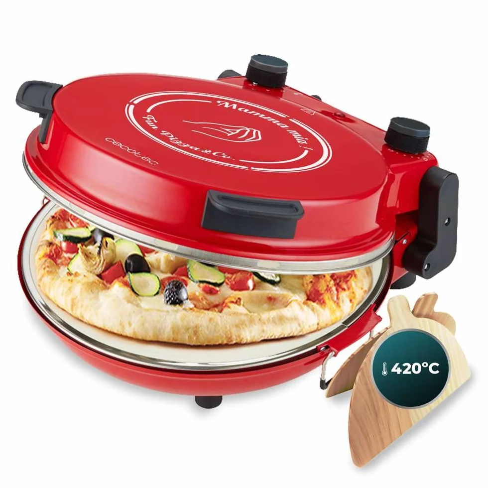 Elektryczny grill do pizzy Cecotec Fun Pizza&Co Mamma Mía Vista, 1200 W, timer 15 min, maksymalna temperatura 420°C w 3 min, okienko, płyta kamienna