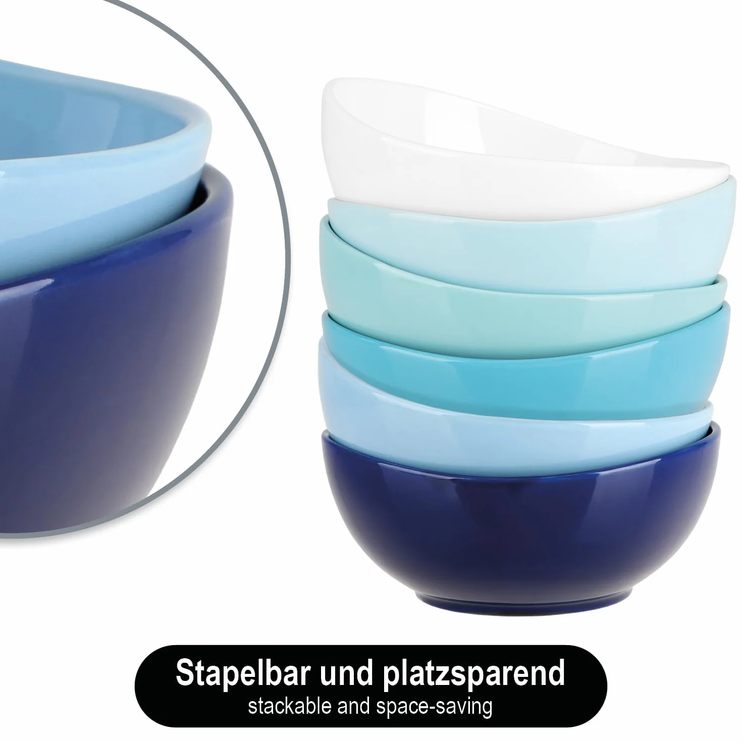 COM-FOUR 6x misek ceramicznych 500ml bialy/niebieski zakrzywiony