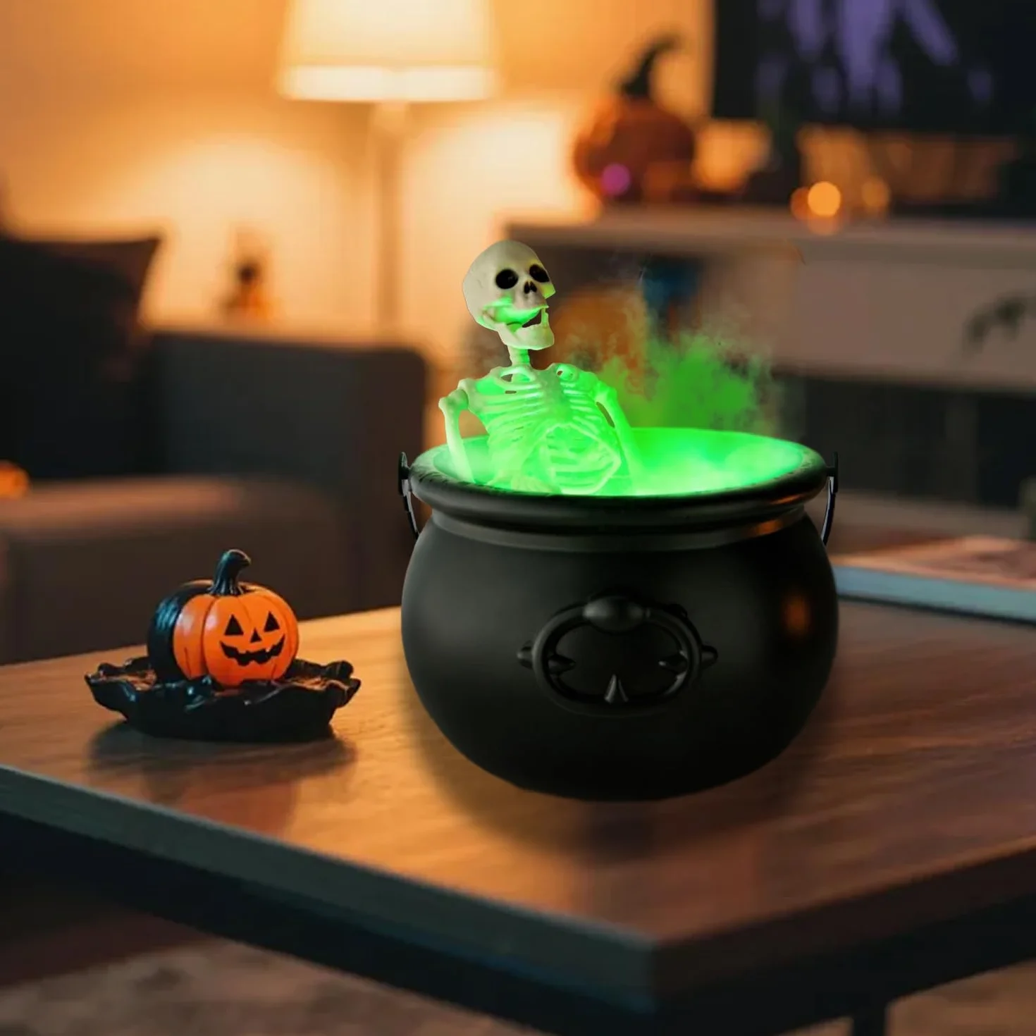 KEELYY Dekoracyjny kocioł czarownicy na Halloween, ze szkieletem, diodami LED i wytwornicą mgły, garnek czarownicy z dyfuzorem mgły, duży czarny czarownic Cauldron, kocioł dekoracyjny na Halloween