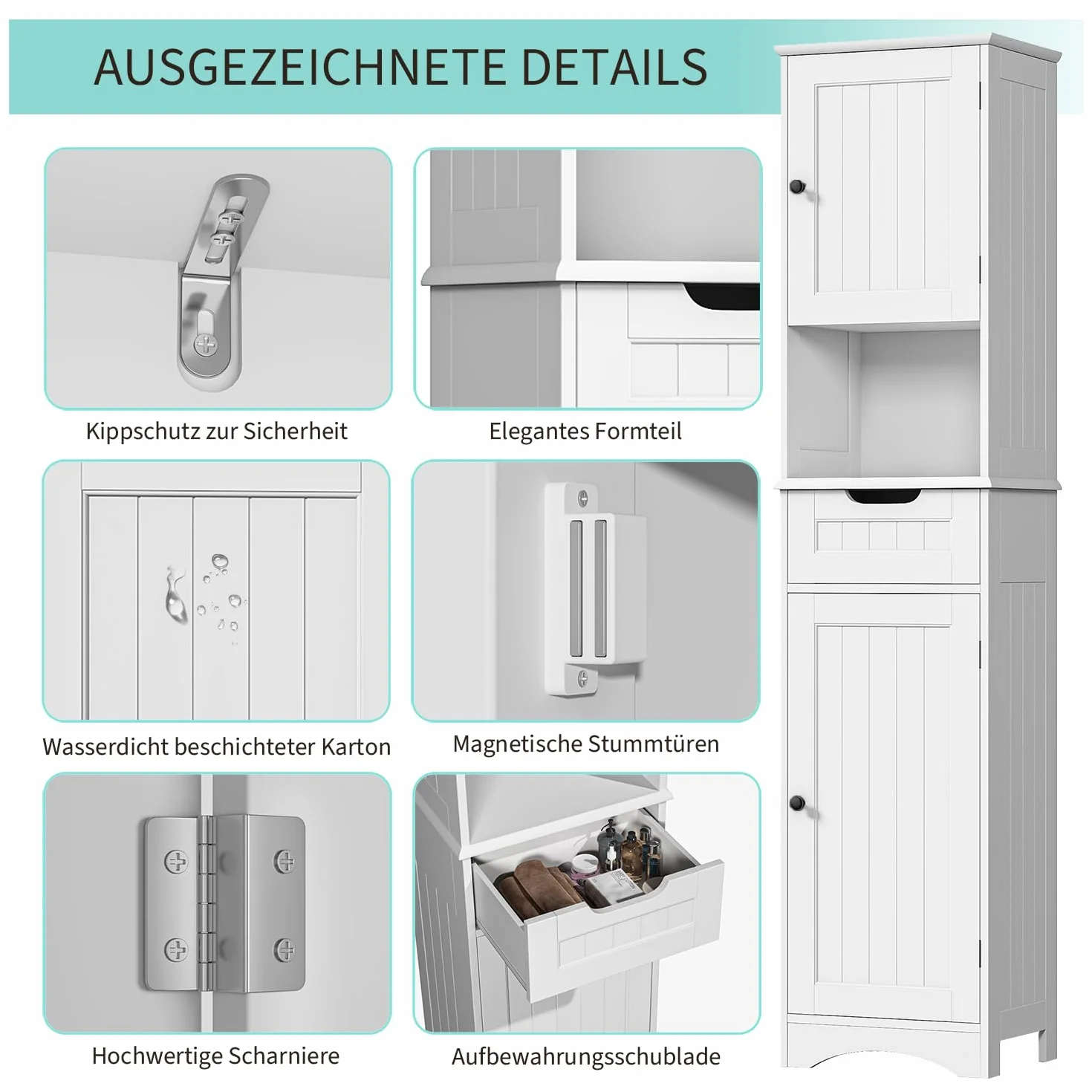 Bealife Szafka łazienkowa z 2 drzwiami i 1 szufladą, Szafka łazienkowa z regulowanymi półkami, Szafka oszczędzająca miejsce, do salonu, sypialni, kuchni, biała