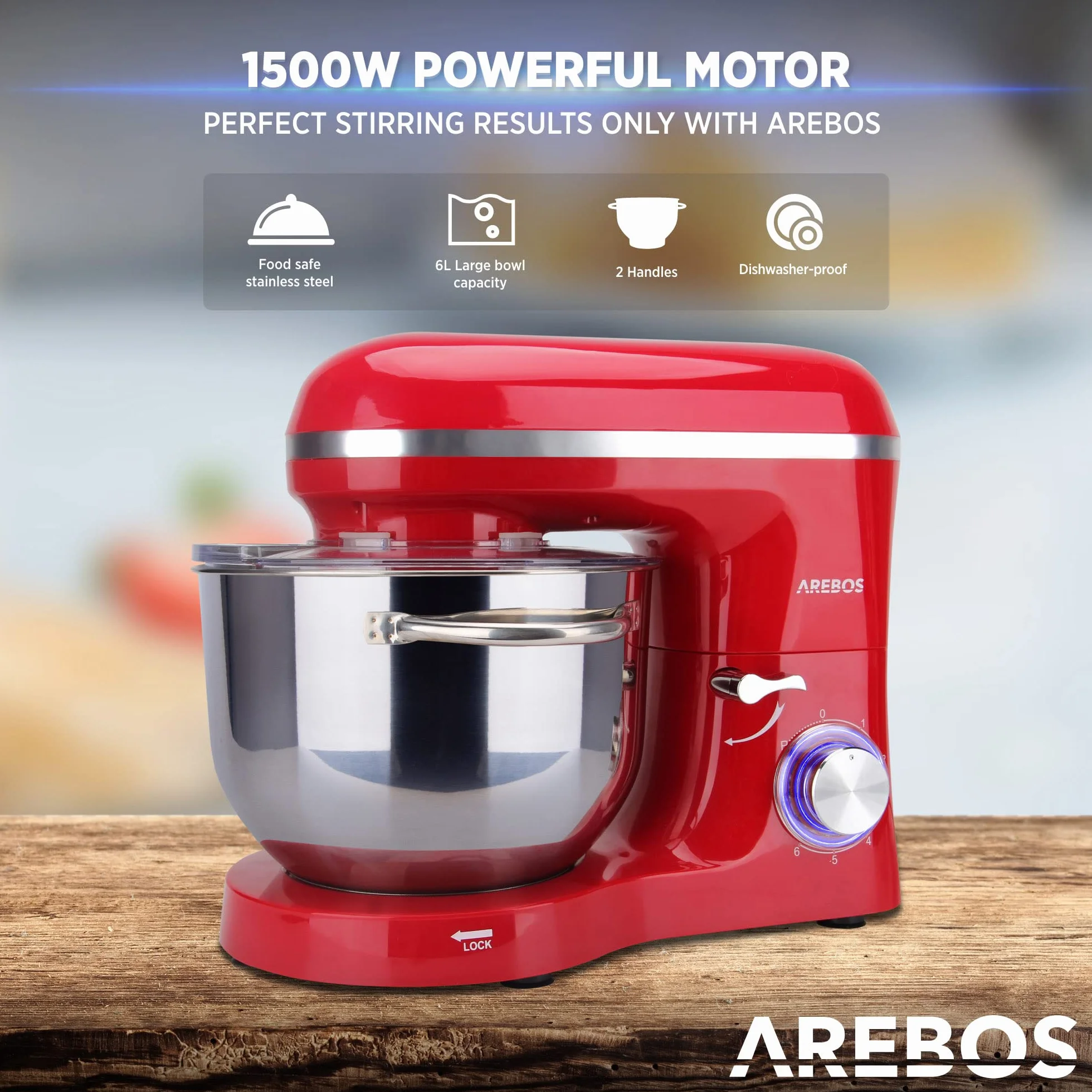 Arebos Profesjonalny robot cukierniczy 1500W | Czerwony | Wielofunkcyjny robot kuchenny z trzepaczką, ubijaczką i haczykiem | Miska ze stali nierdzewnej 6 litrów | 6 prędkości | Funkcja impulsu