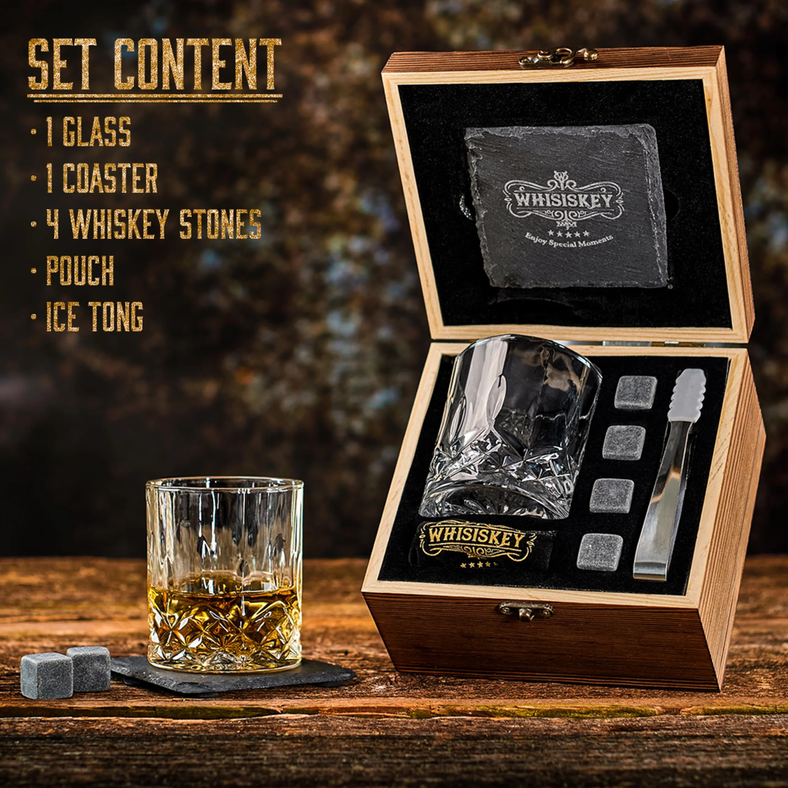 WHISISKEY Zestaw Szklanki do Whisky - Zestaw Prezentowy Whisky - Szklanek do Whiskey - Prezenty dla Mężczyzn - Pudełko Prezentowe, 1 Szklanki na Whisky 310ML, 4 Kamienie do Whisky, Akcesoria