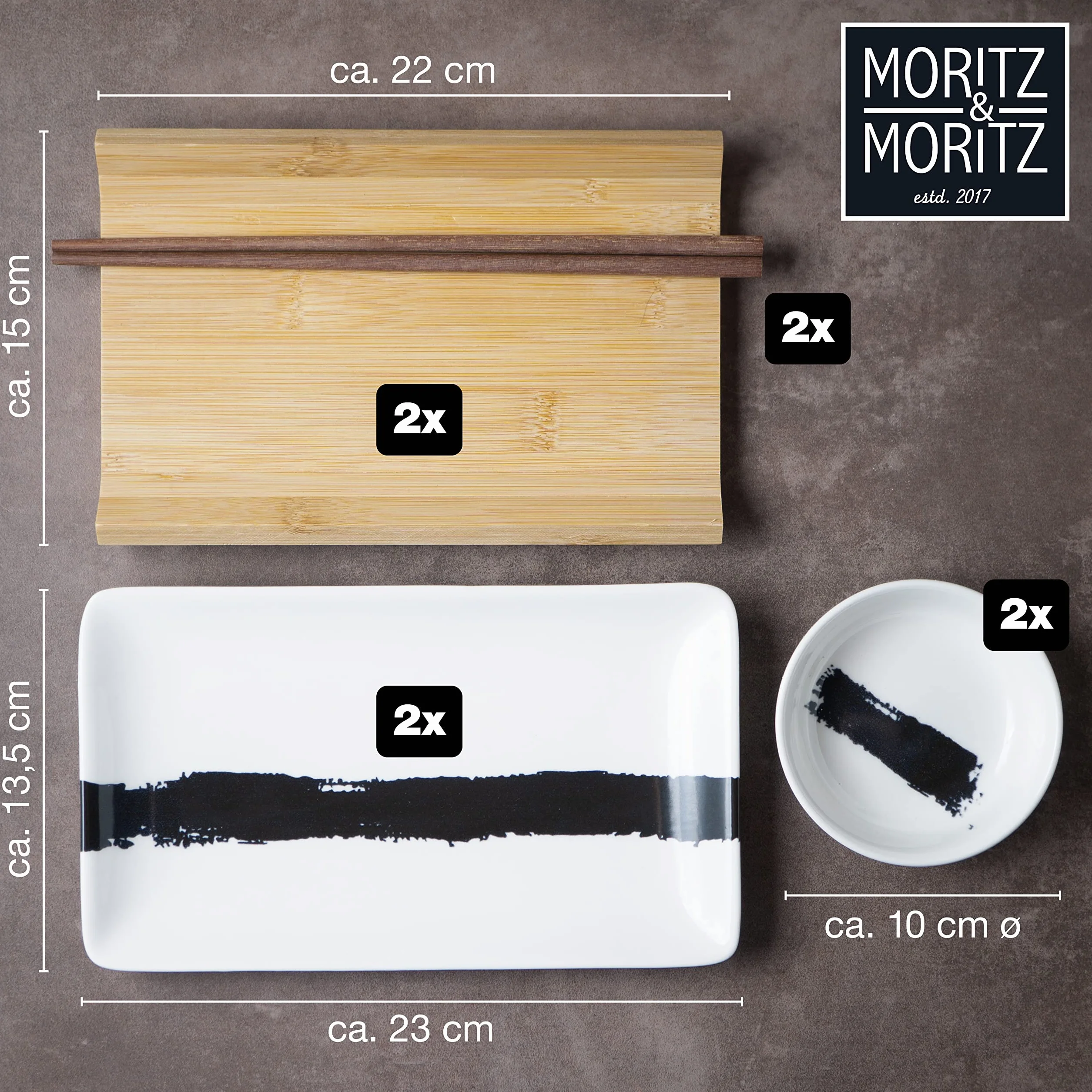 Moritz & Moritz 8-częściowy zestaw naczyń do sushi dla 2 osób – zestaw do serwowania sushi z 2 talerzami do sushi, miseczkami do dipów i pałeczkami