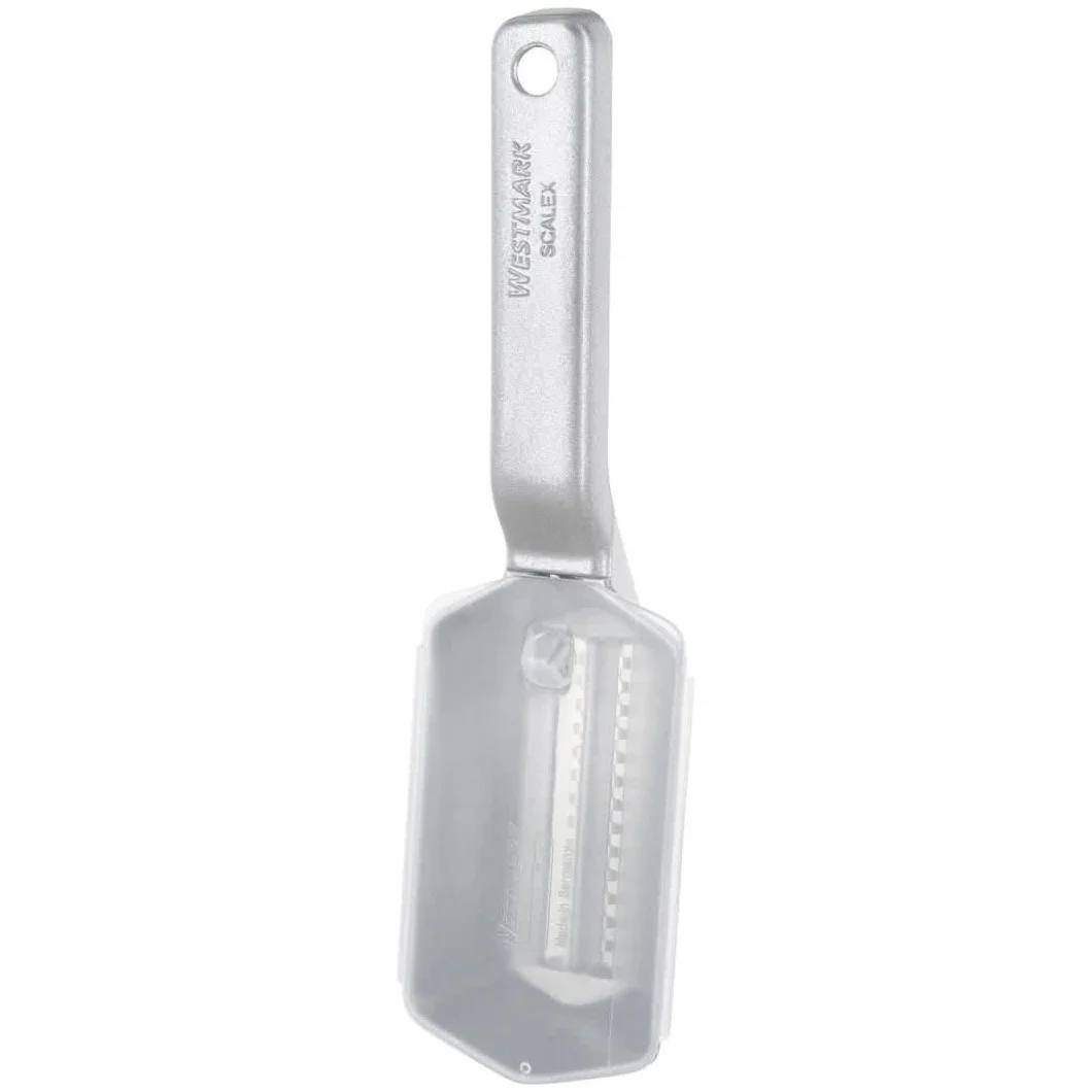 Westmark Skrobak do ryb ze zbiorniczkiem na resztki, aluminium, specjalna bezpieczna powłoka dla żywności, stal nierdzewna, 21 x 5,9 x 5,3 cm, Scalex, srebrny, 65002260