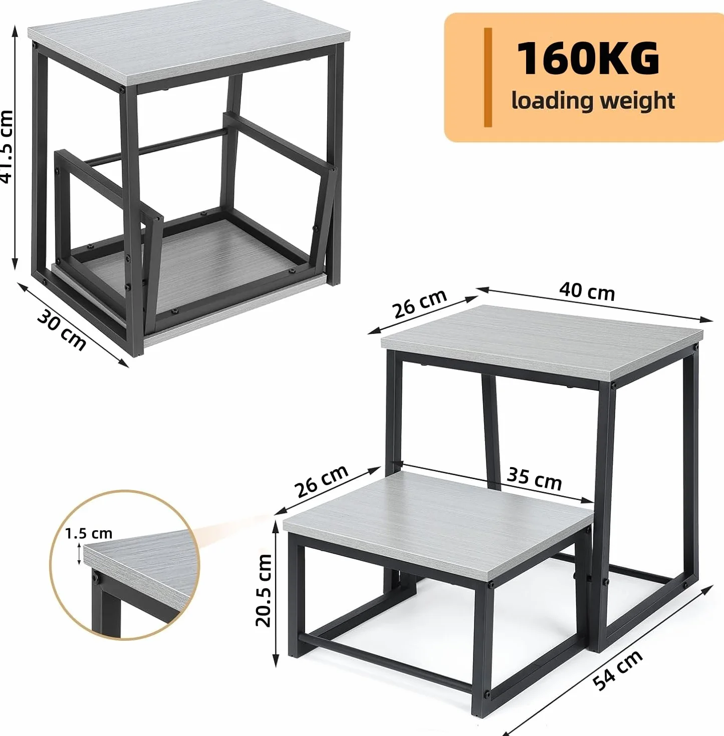 LIANTRAL Stołek ze schodkiem dla dorosłych i dzieci, 2-stopniowy, stalowy i stabilny drewniany stołek, nośność do 200 kg, taboret do łóżka, kuchni, łazienki (szary)