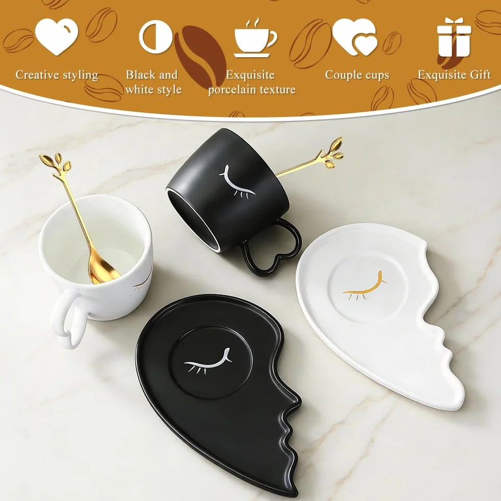 Filiżanki dla partnerów, zestaw 2 filiżanek do kawy z motywem pocałunku, 200 ml, ceramiczne filiżanki dla par, prezent zaręczynowy dla obojga, porcelanowe prezenty ślubne