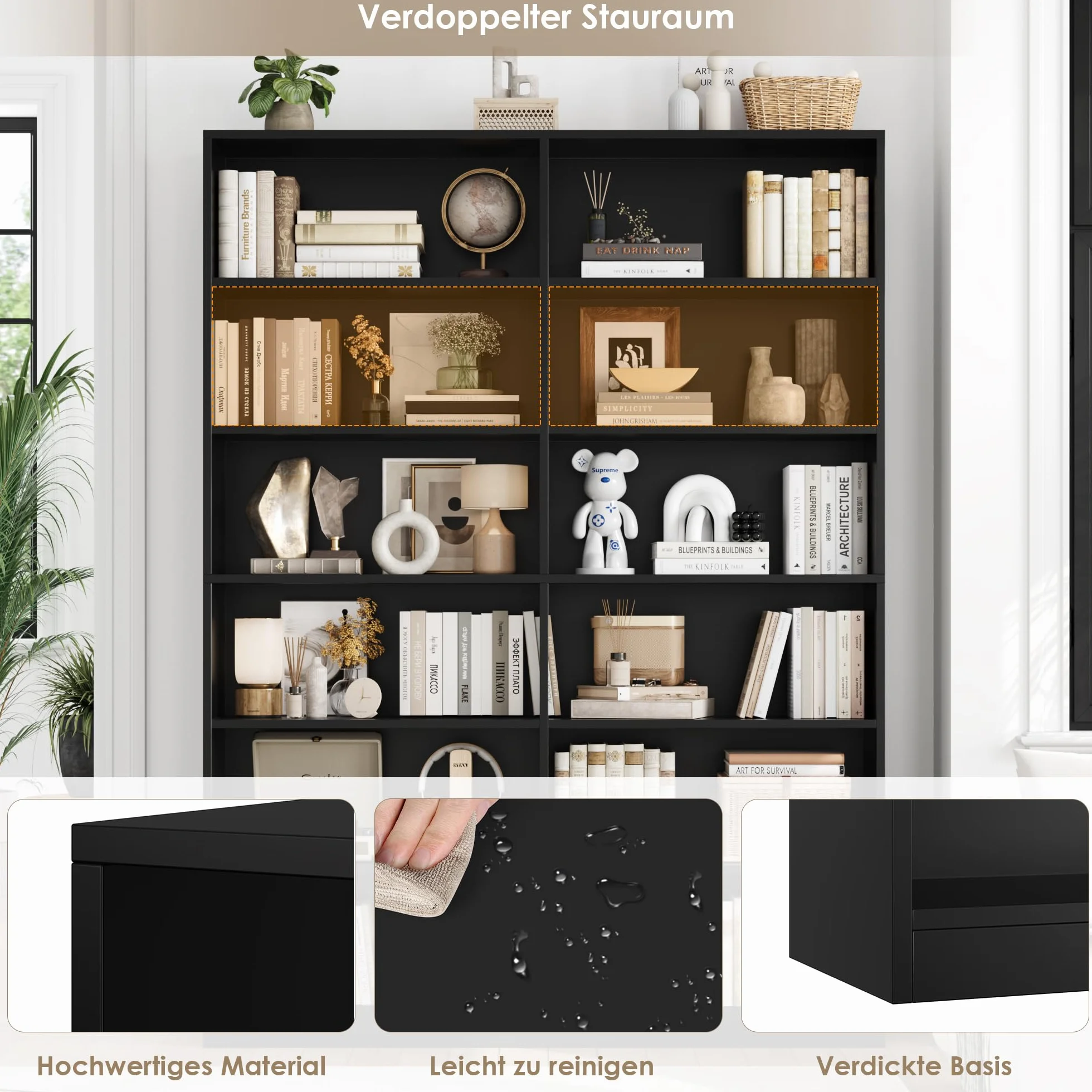 FirFurd Regał na książki z 12 przegródkami, szafka na książki, regał stojący, regał do przechowywania do salonu, biura, kuchni 120 x 30 x 188,7 cm, kolor czarny