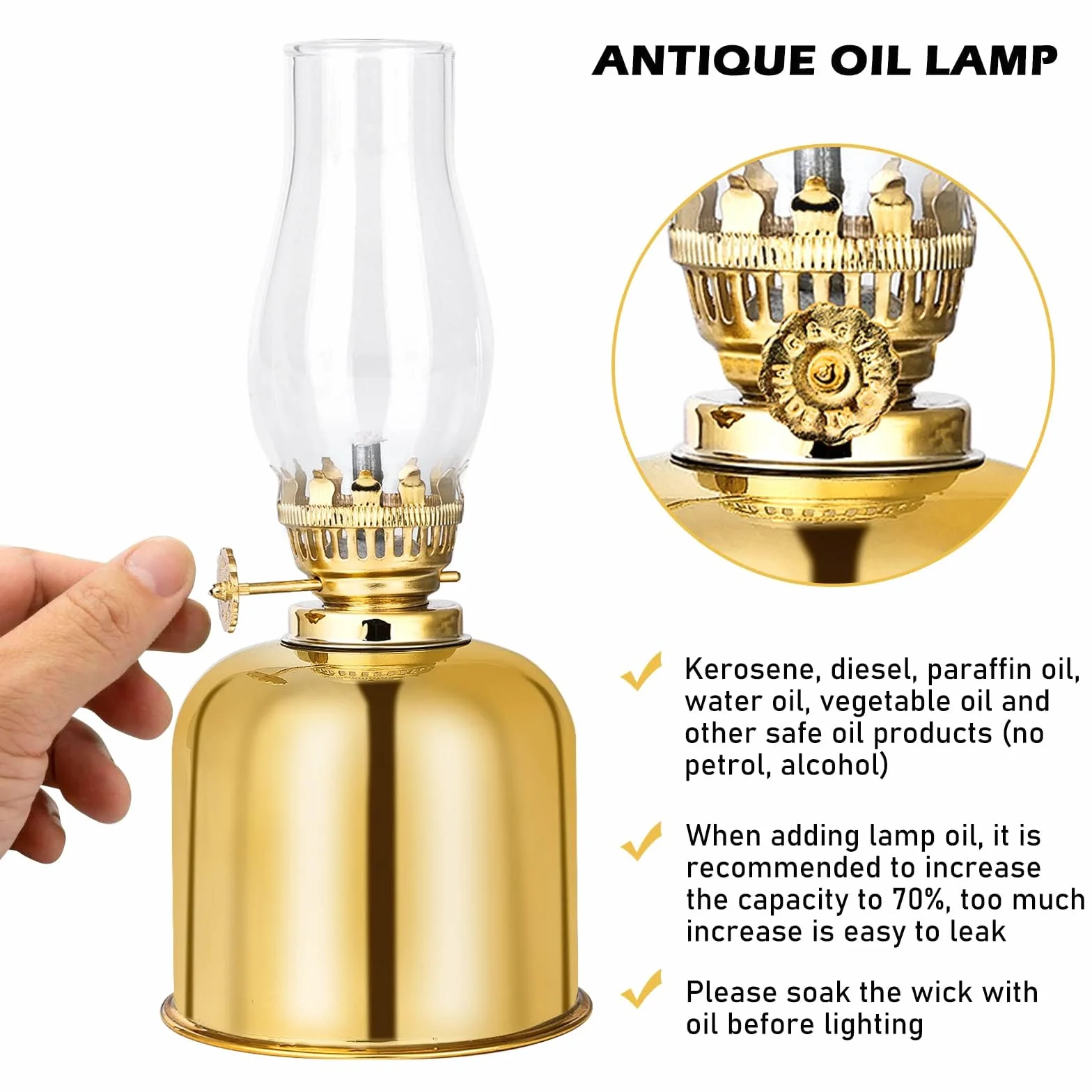 Lampa naftowa, lampa olejowa w stylu retro, latarnia z metalu i szkła, z obrotową oprawką – do użytku wewnątrz i na zewnątrz, wiatroszczelna, w antycznym stylu vintage (złota)