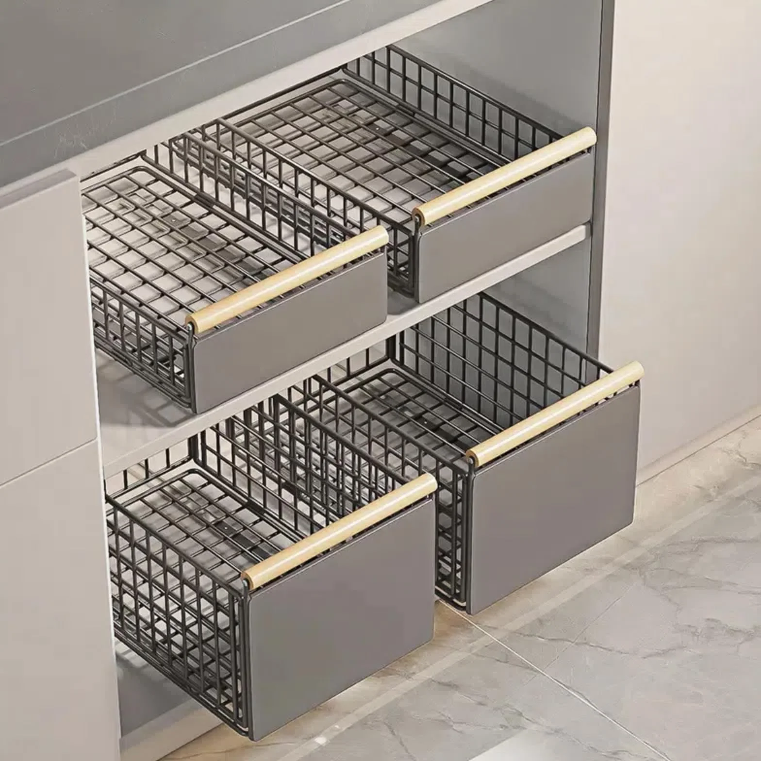 Metalowa Wysuwana Szuflada do Szafki Kuchennej 39,5×23,5×19,5 cm – Organizer z Prowadnicami i Drewnianym Uchwytom Montaż Bez Wiercenia Idealna do Kuchni i Łazienki