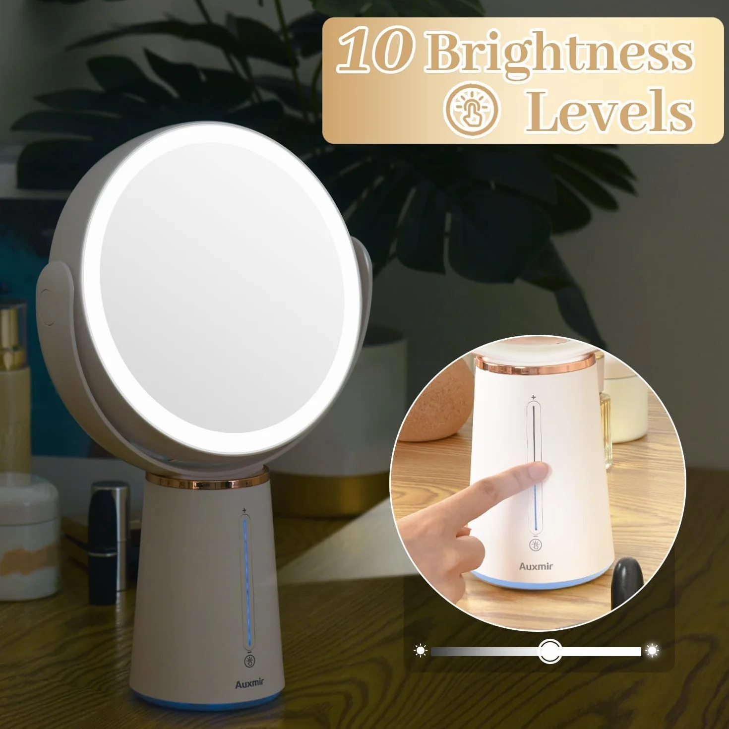 Auxmir Lusterko do makijażu ze światłami, dwustronne lusterko powiększające 10 x 1 x 2500 mAh, ładowane przez USB, z 52 diodami LED i 10 jasnością, obrotowe o 360°, do sypialni, łazienki