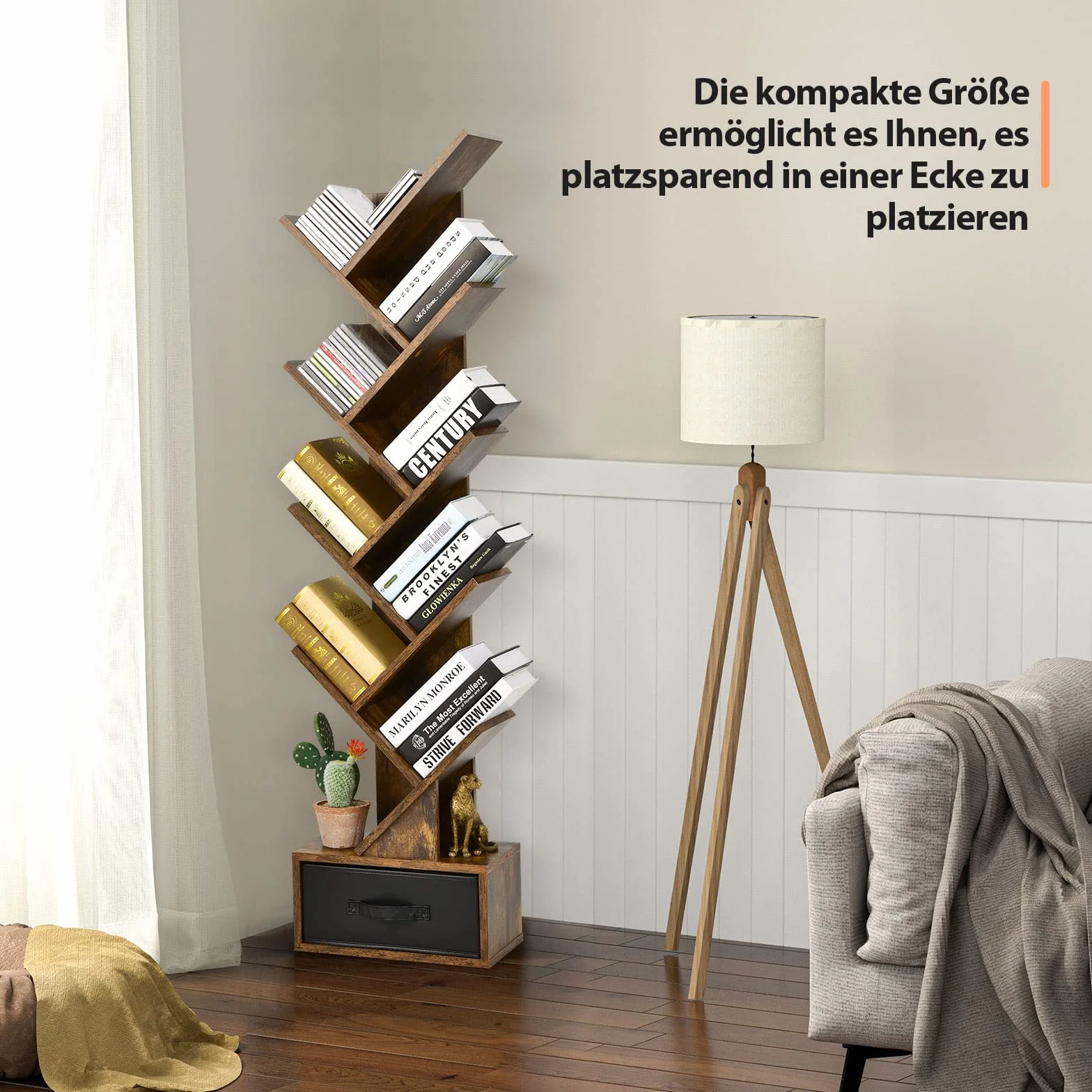 COSTWAY Regał na książki z szufladą, 8-poziomowy regał stojący, regał w kształcie drzewa, regał na płyty CD i DVD, do sypialni, salonu i biura domowego, 38 x 21,5 x 149,5 cm (rustykalny brąz)