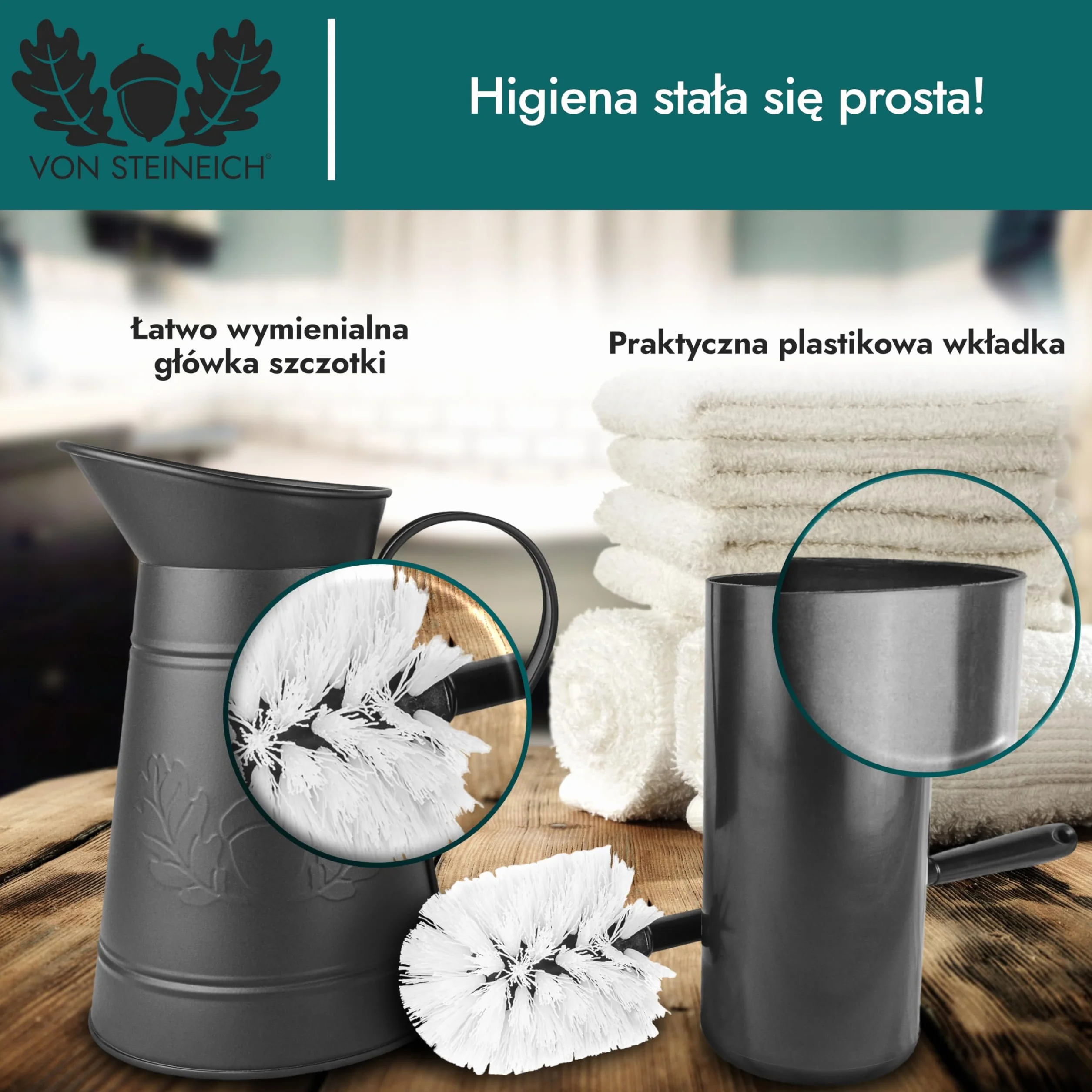 Szczotka toaletowa – metalowy dzbanek (czarny) – nierdzewna szczotka do WC – dekoracja retro i vintage do łazienki